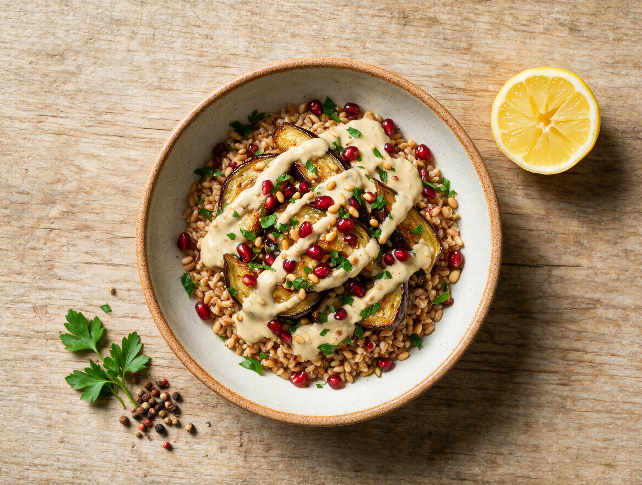Overhead view of a wooden bowl with golden roasted aubergine wedges, spelt grains, tahini drizzle, and pomegranate seeds.