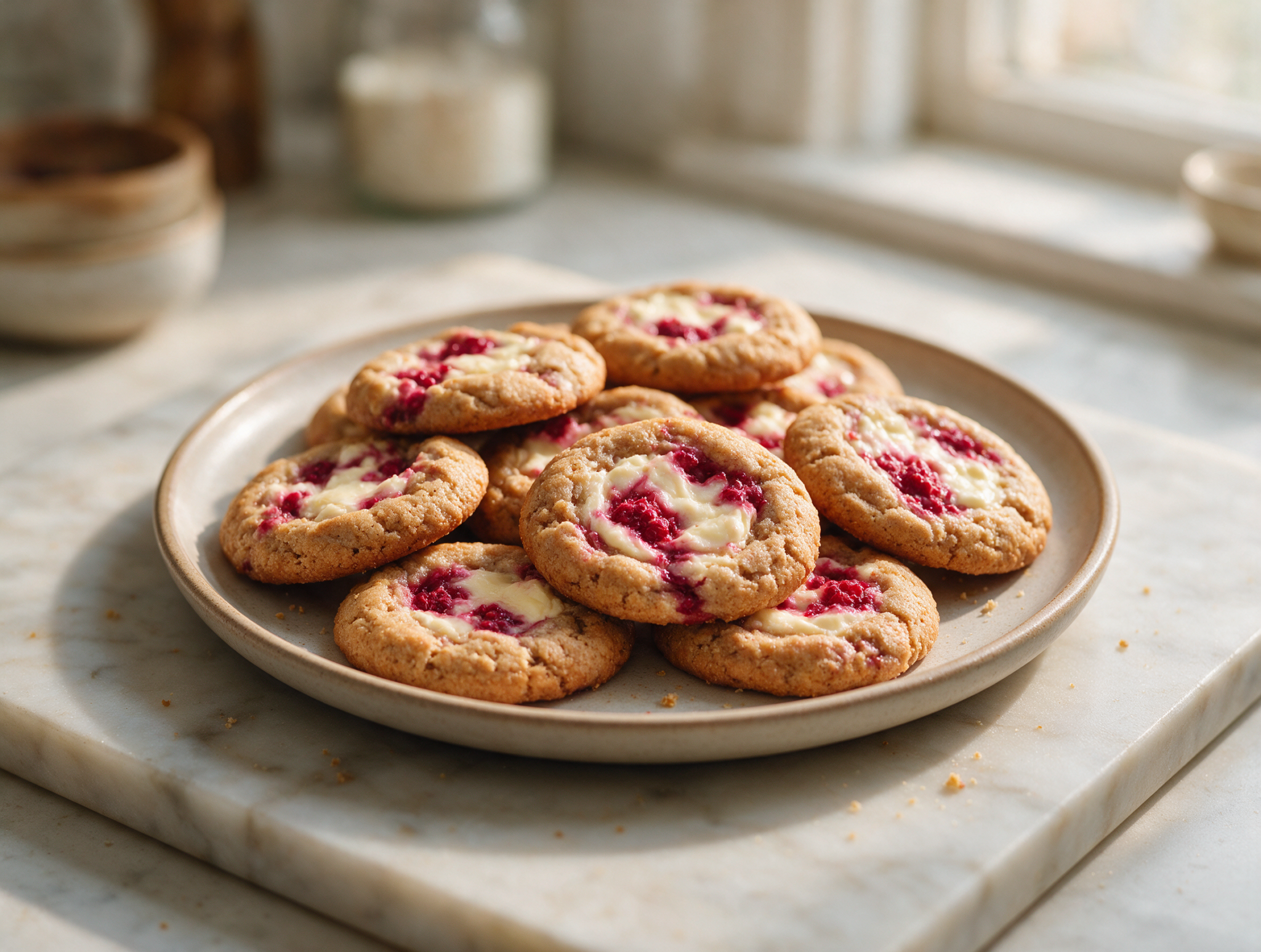 Spelt raspberry cheesecake cookies on a marble board showing golden edges and a soft raspberry filled center.