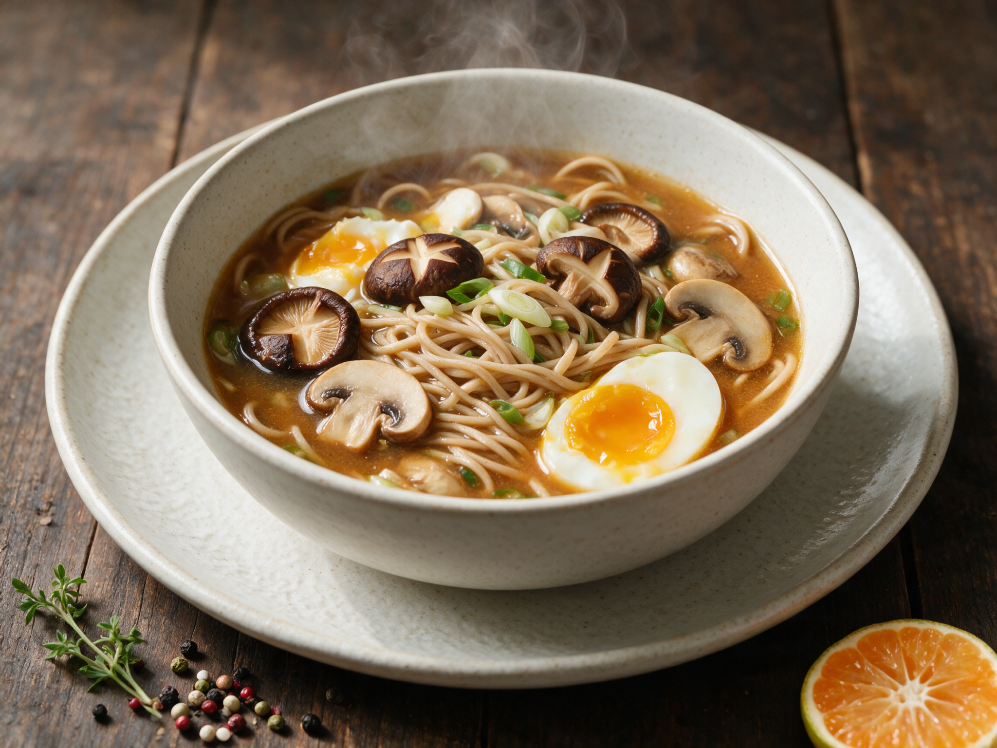 Overhead shot of spelt miso mushroom noodle soup in a ceramic bowl with soft egg, scallions, and steam rising.