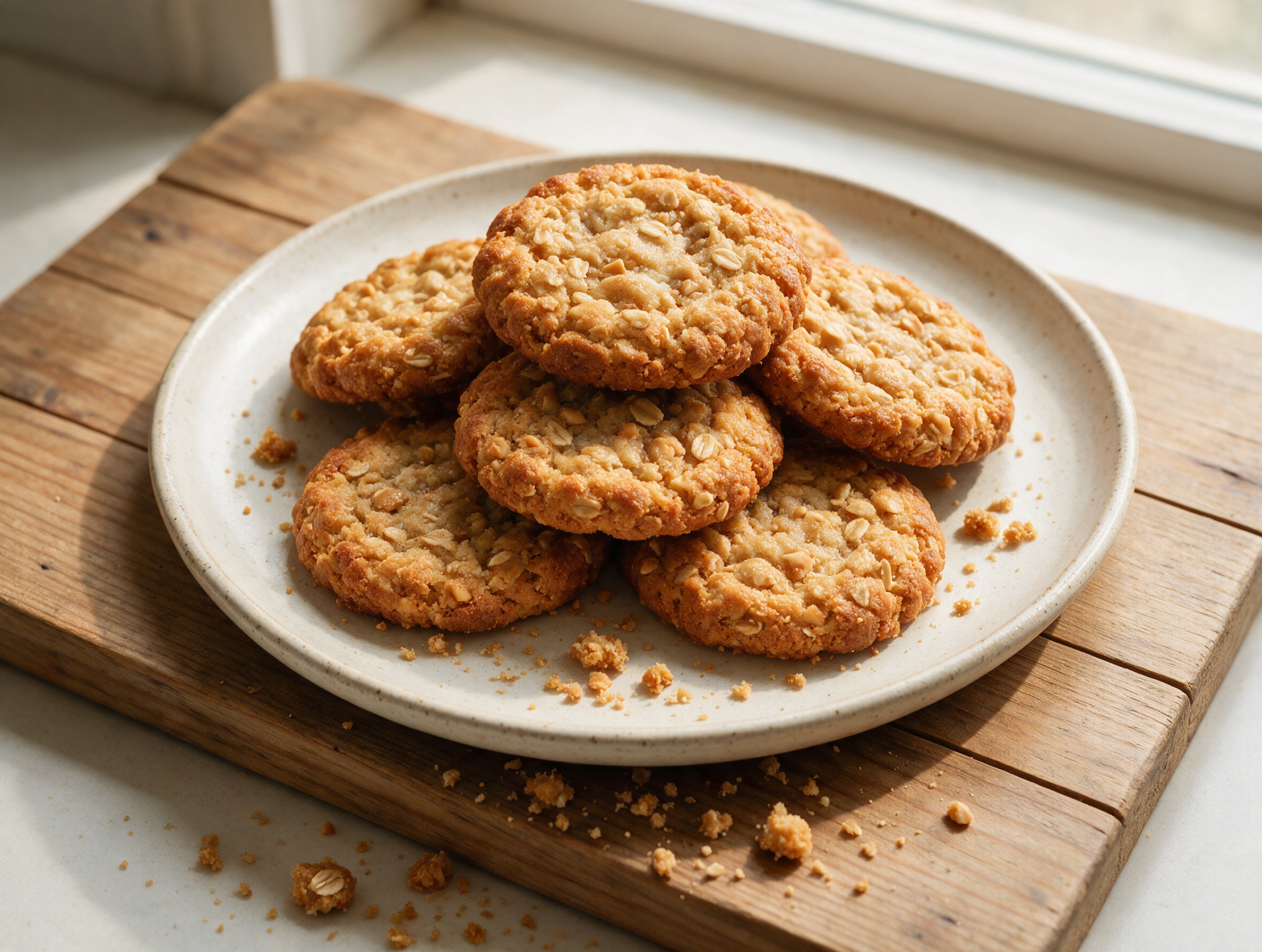 Stack of soft-baked spelt peanut butter oat cookies with crisp edges on a wooden board under warm light
