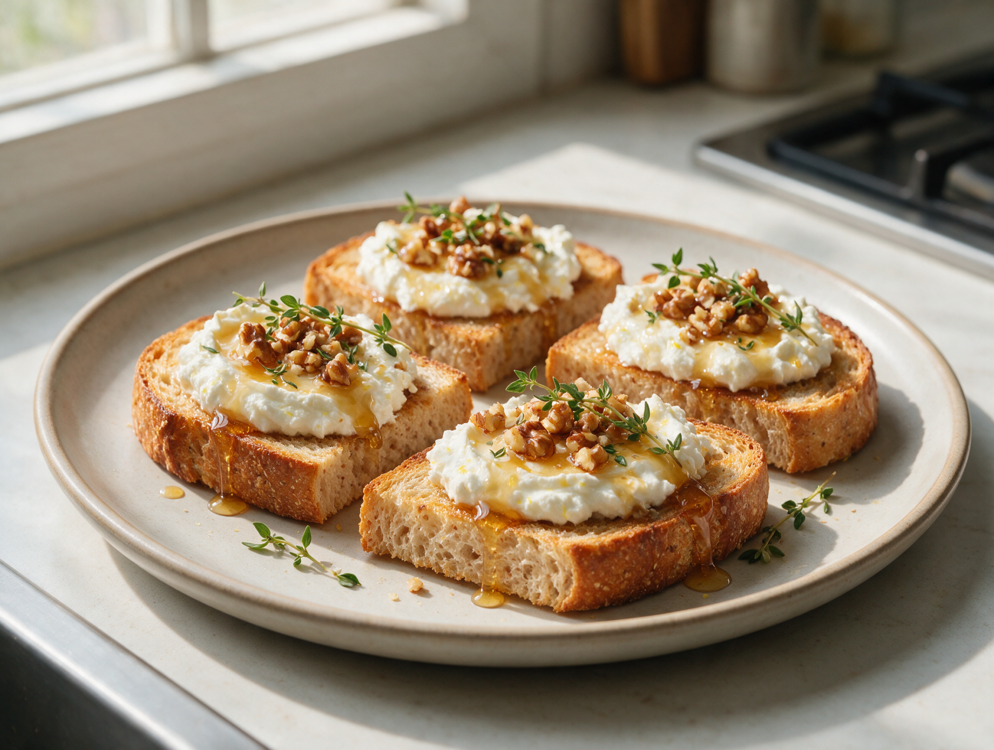 Overhead view of golden spelt toast with fluffy whipped ricotta, honey drizzle, and walnuts on marble.