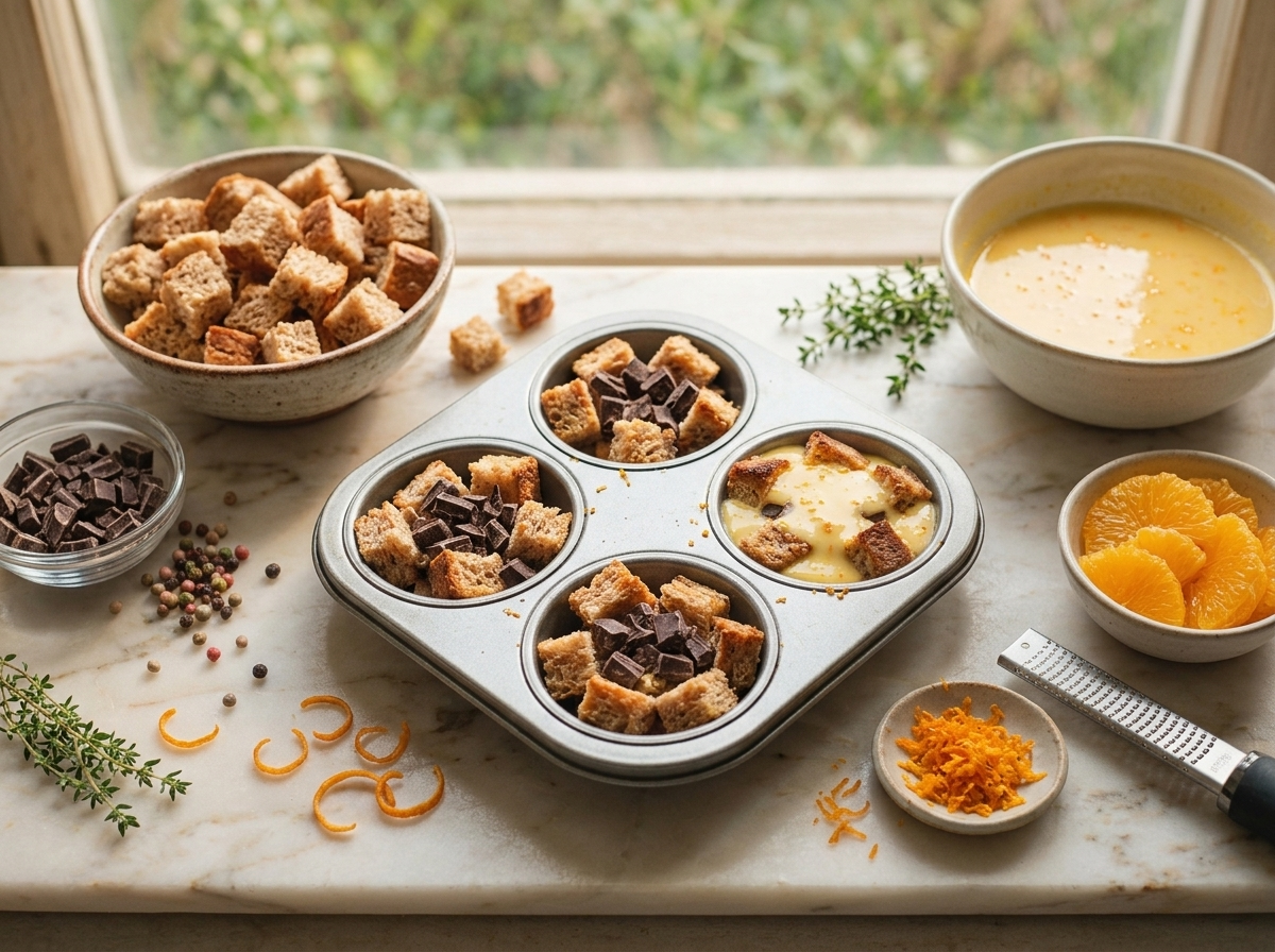 Hands pour orange custard over cubed spelt bread in a muffin tin, chocolate chunks scattered nearby on the counter.
