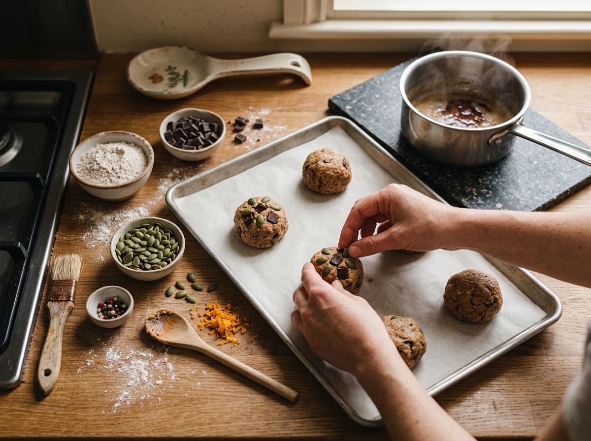 Hand pressing pumpkin seeds into scooped cookie dough balls on a parchment-lined sheet pan before baking.