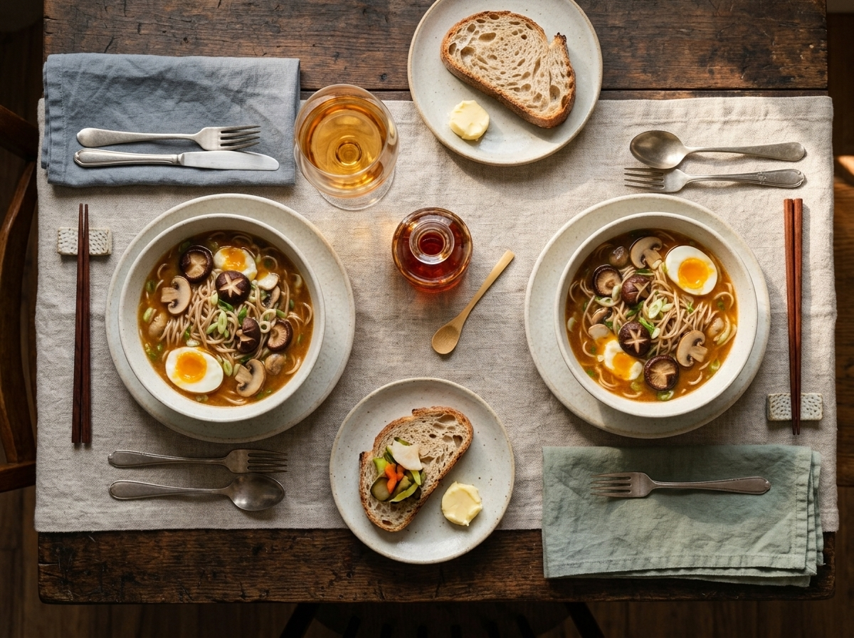 Two bowls of spelt noodle soup on a linen table with chopsticks, chili oil dish, and warm afternoon light.