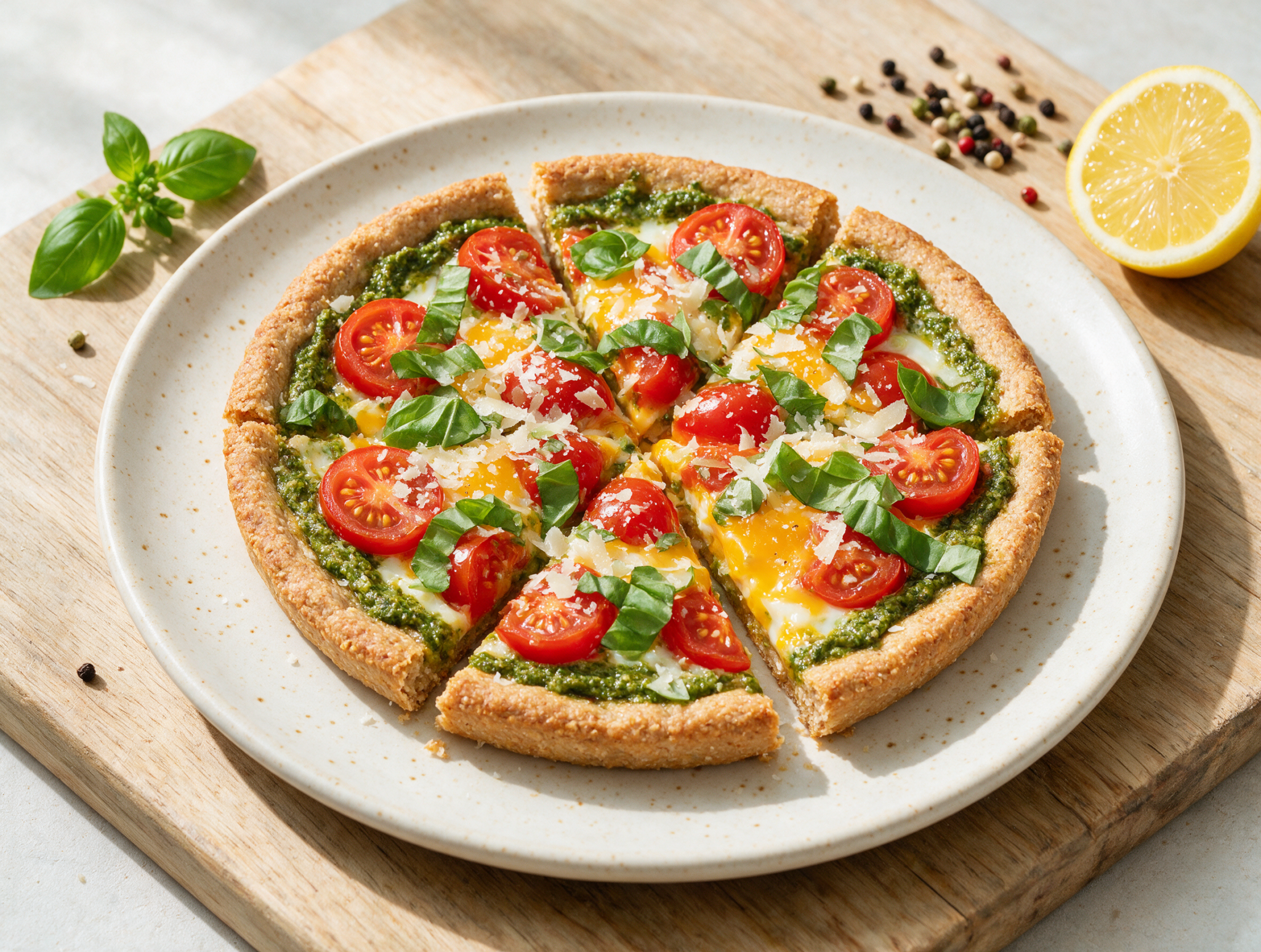 Sliced spelt tomato pesto breakfast tart on a wooden board, soft egg yolk and basil visible under morning light