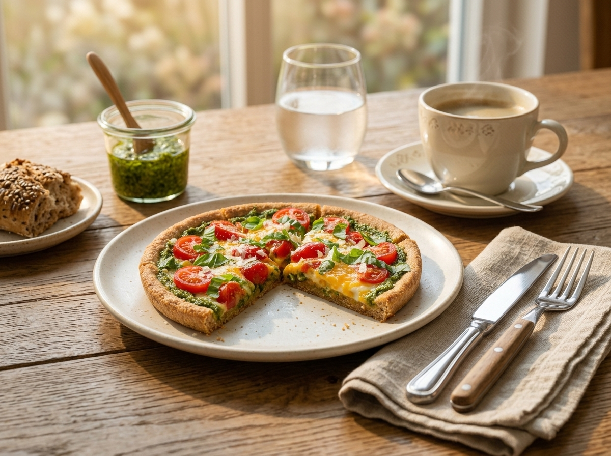 A plated tart wedge next to a coffee cup and linen napkin on a rustic wooden table at breakfast
