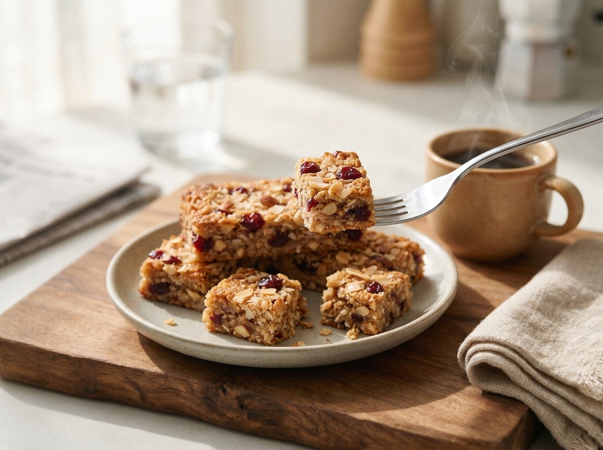 A hand reaching for a breakfast bar on a plate beside a steaming coffee cup on a kitchen counter
