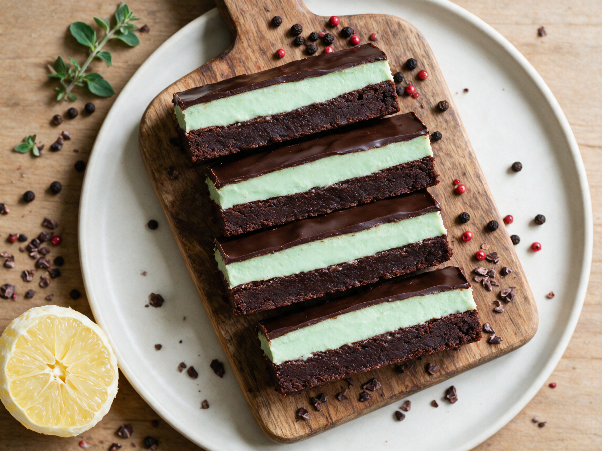 Overhead shot of stacked spelt chocolate mint brownie bars showing green mint layer and glossy chocolate shell on a wooden board