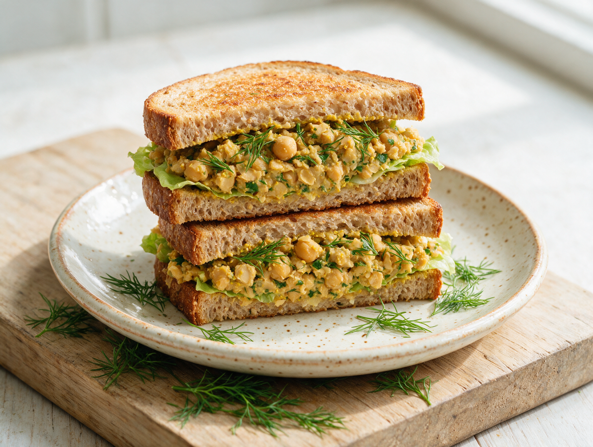Toasted spelt chickpea sandwich halves stacked on a wooden board with visible dill and lettuce, soft daylight
