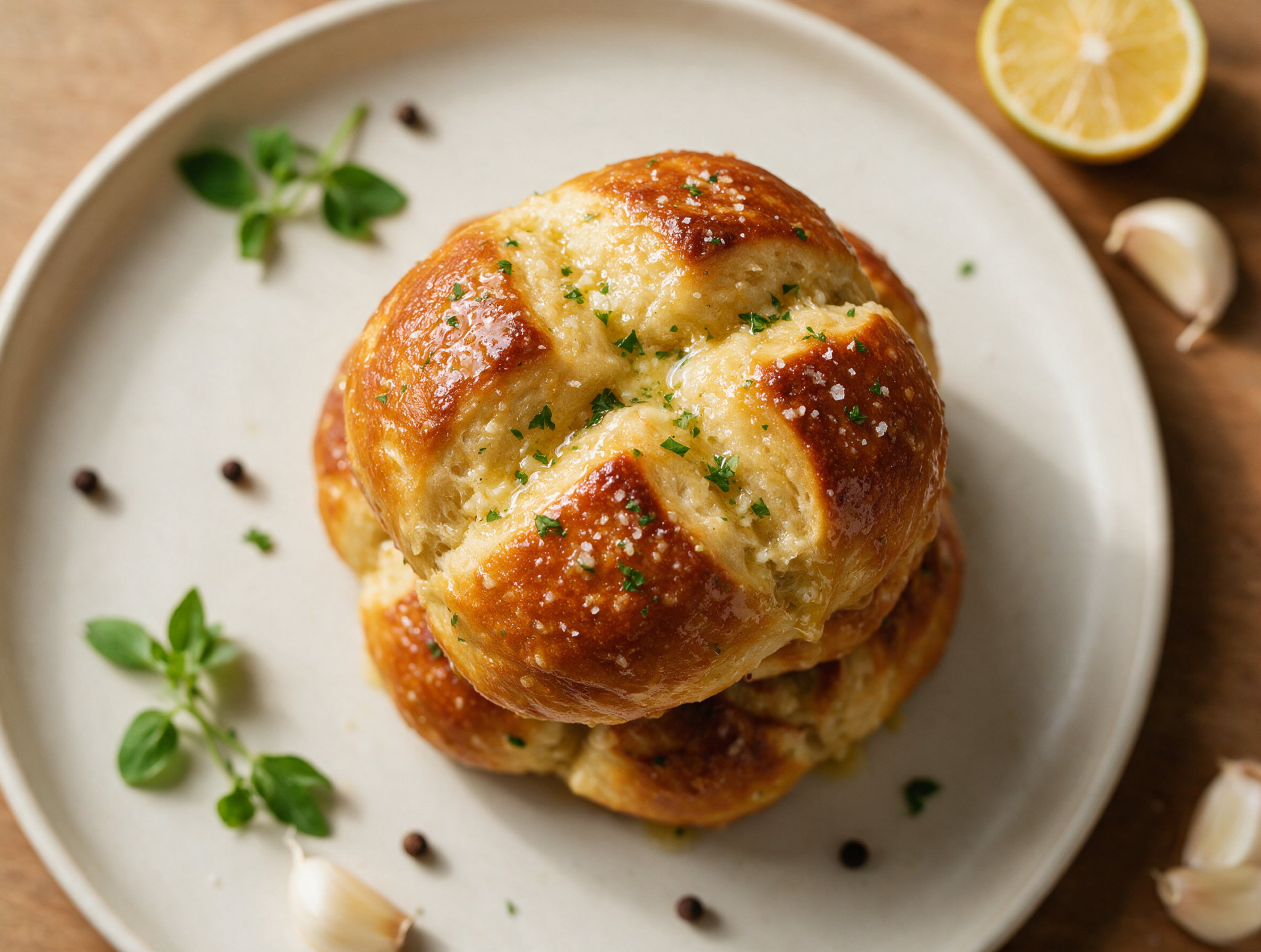 Golden spelt pretzel rolls piled on a wooden board, brushed with melted garlic butter and flecked with parsley.