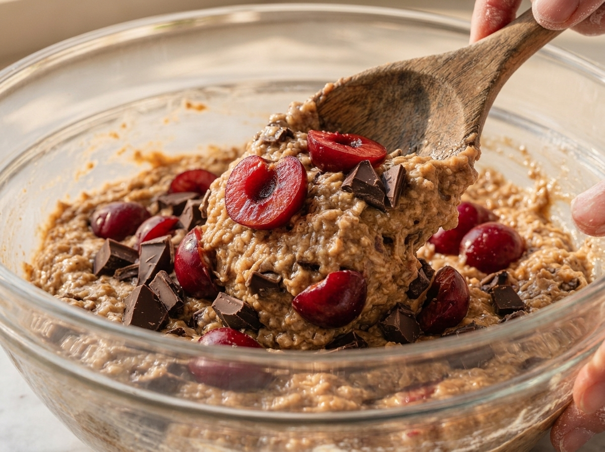 Close-up of hands folding fresh cherries and chopped dark chocolate into thick spelt muffin batter in a glass bowl