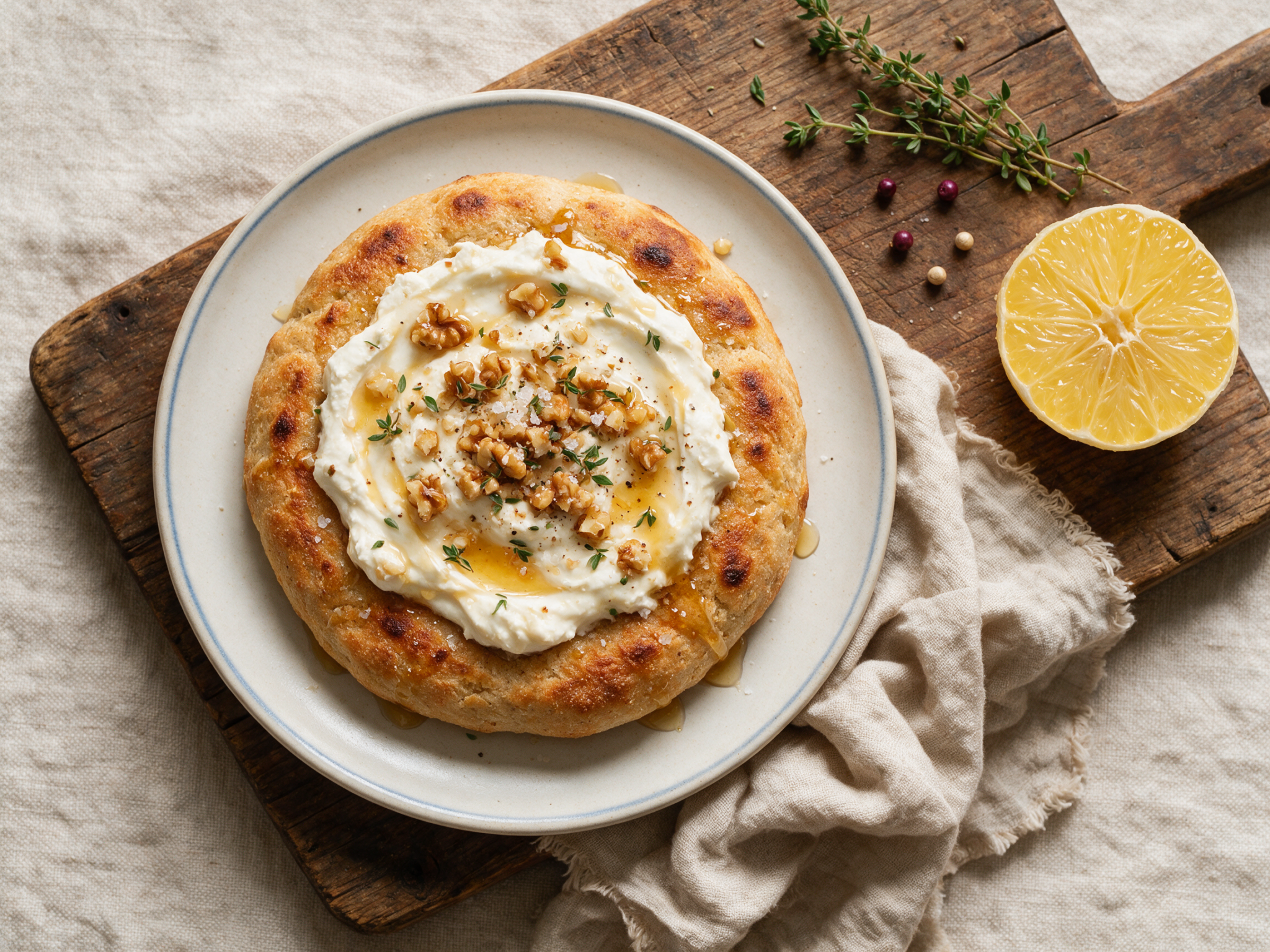 Overhead shot of golden spelt flatbread spread with whipped feta, drizzled honey, and toasted walnuts on a wooden board.