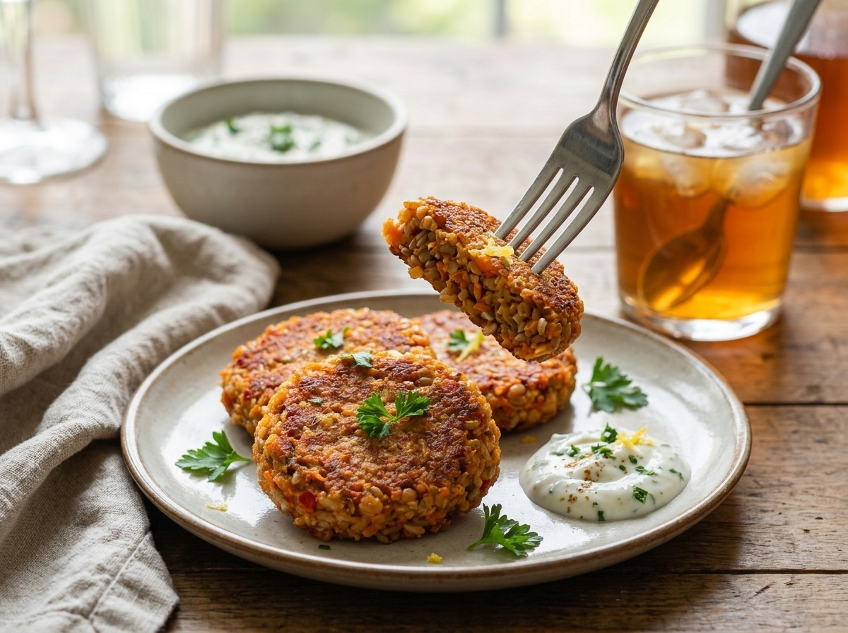 Plated spelt carrot lentil patties on a rustic table with a linen napkin, fork, and glass of iced tea in daylight.