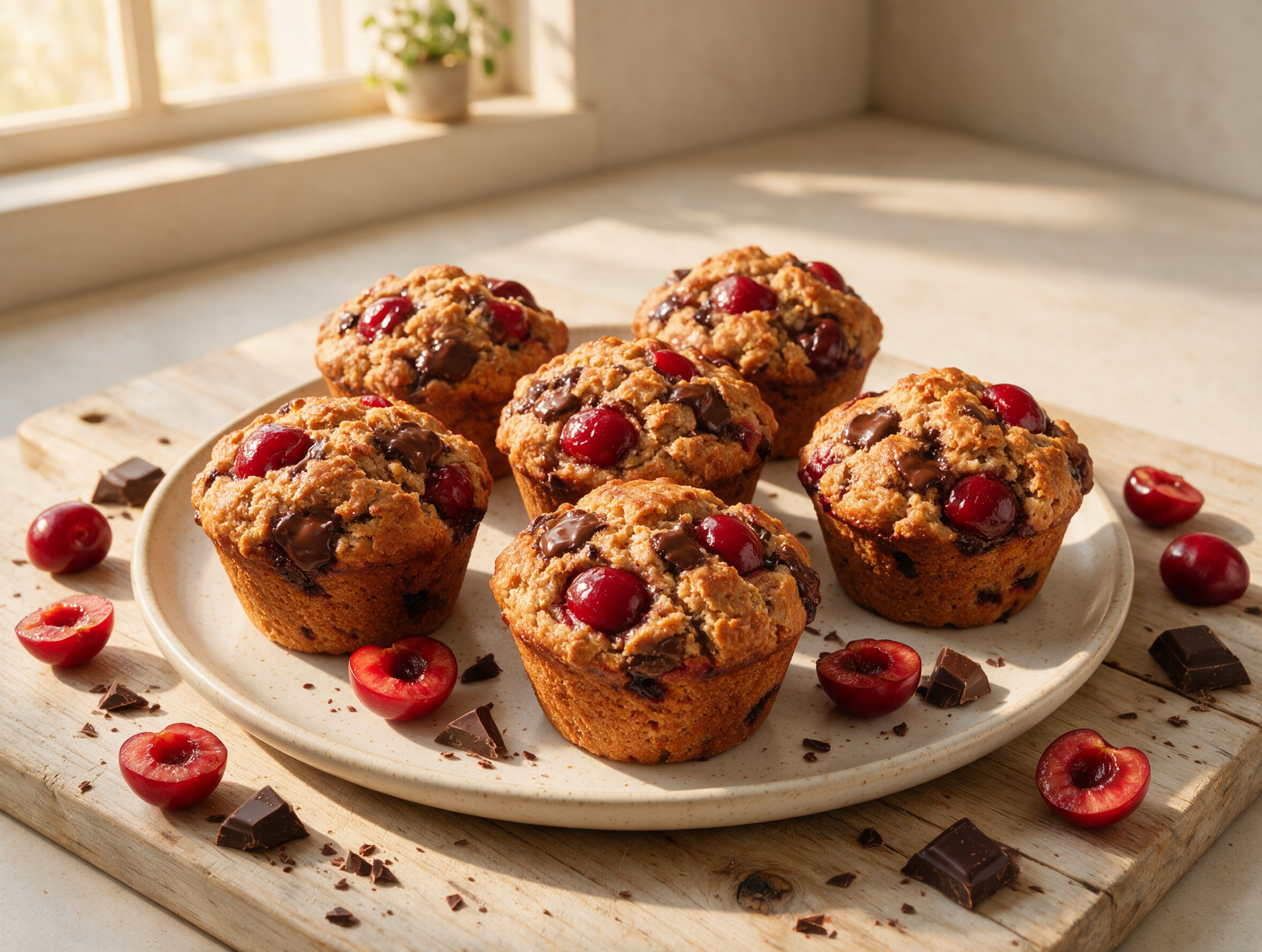 Overhead view of soft spelt cherry chocolate muffins on a wooden board with dark chocolate melting through split tops