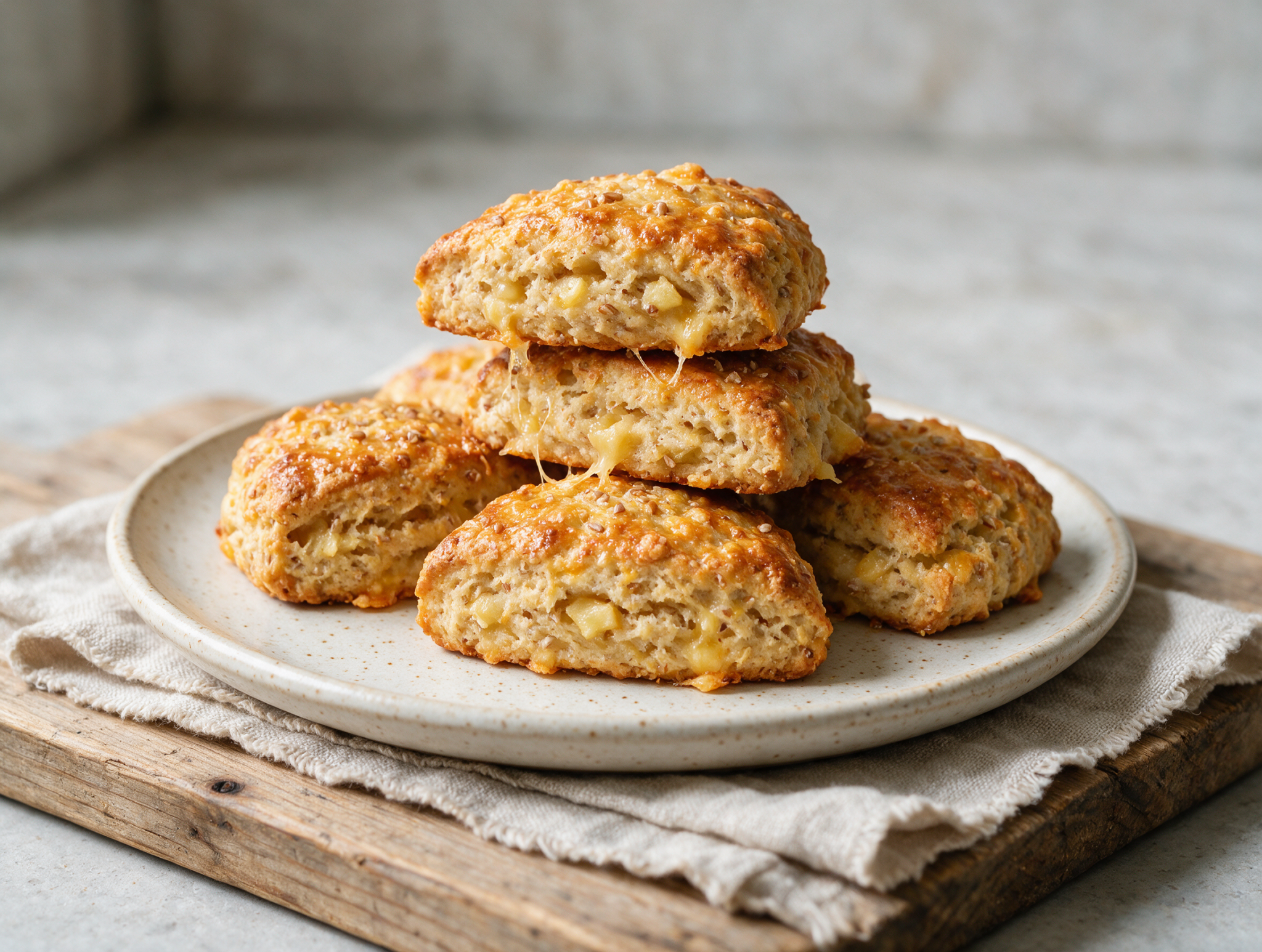 Golden spelt apple cheddar scones stacked on a wooden board with melted cheddar edges and diced apple visible in the crumb.