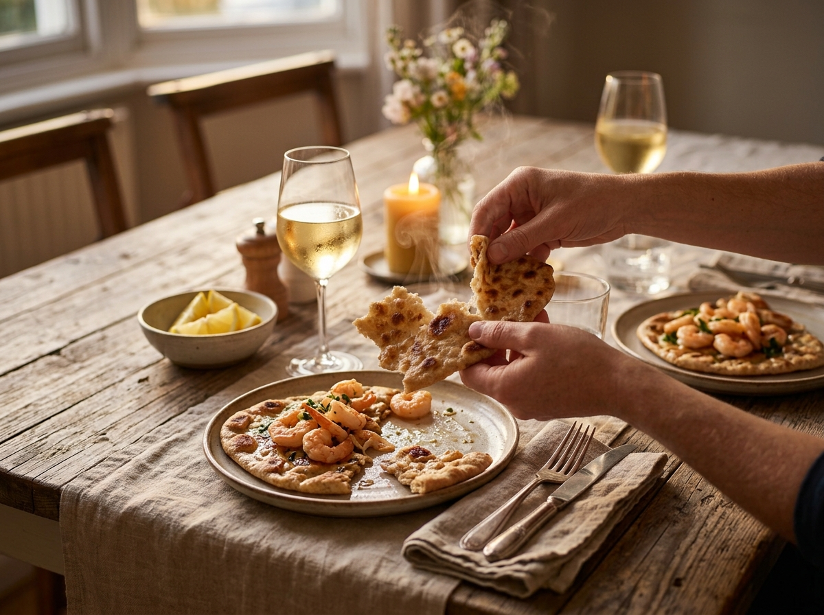 Two hands tearing a warm flatbread at a linen-covered table set with lemon wedges and a glass of white wine.