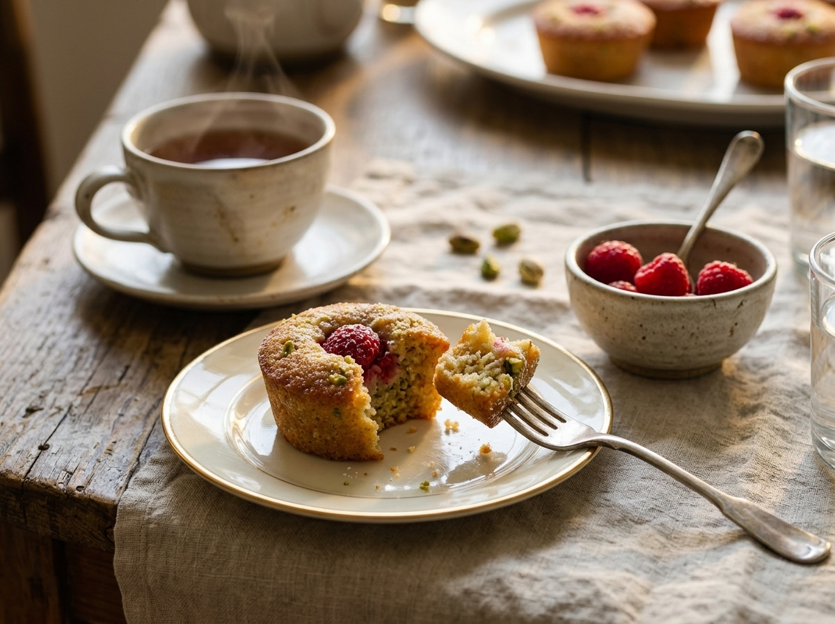 A hand reaching for a warm friand next to a teacup on a linen-covered wooden table.