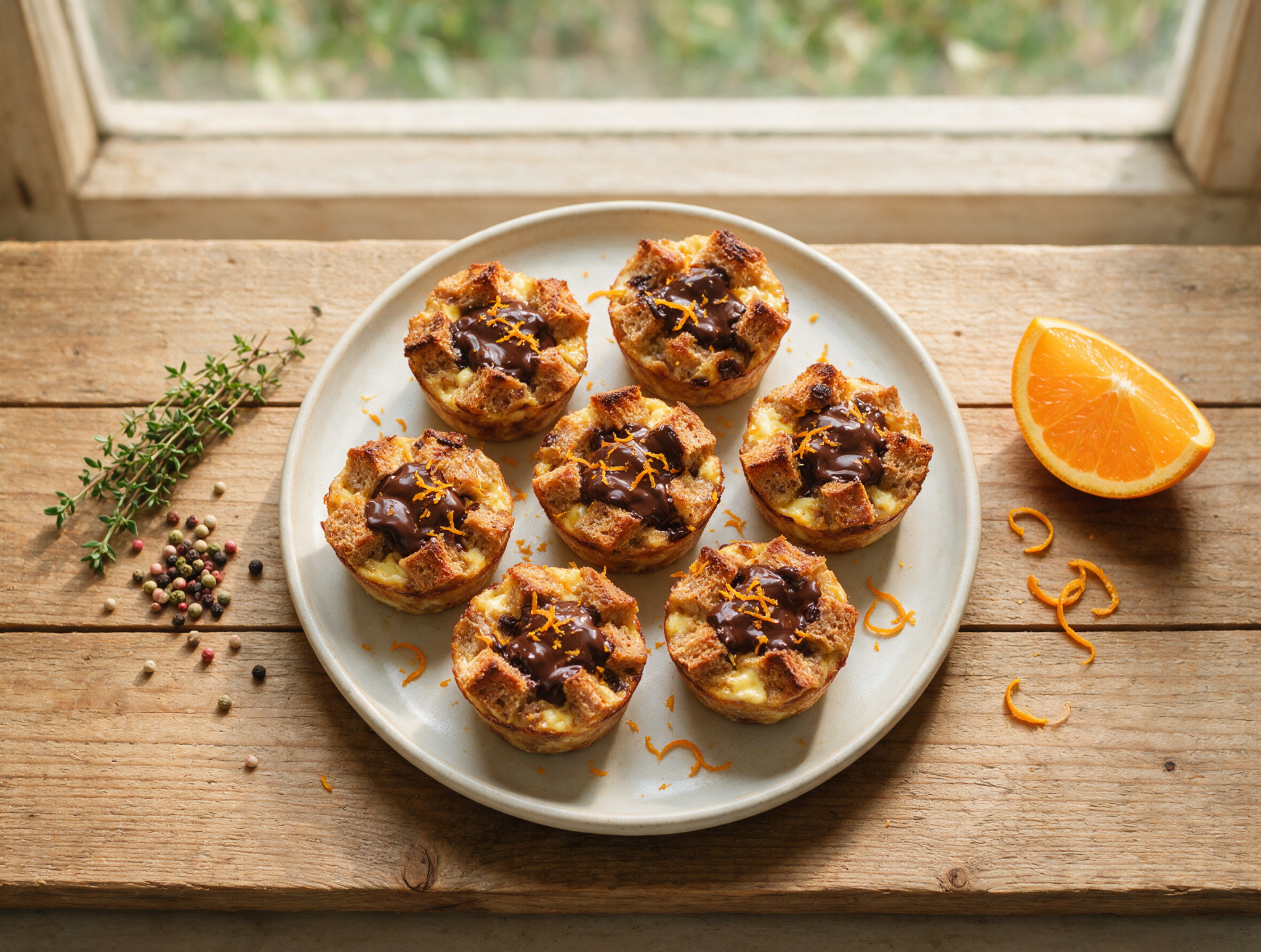 Overhead view of golden spelt bread pudding cups in a muffin tin, melted chocolate and orange zest on top.