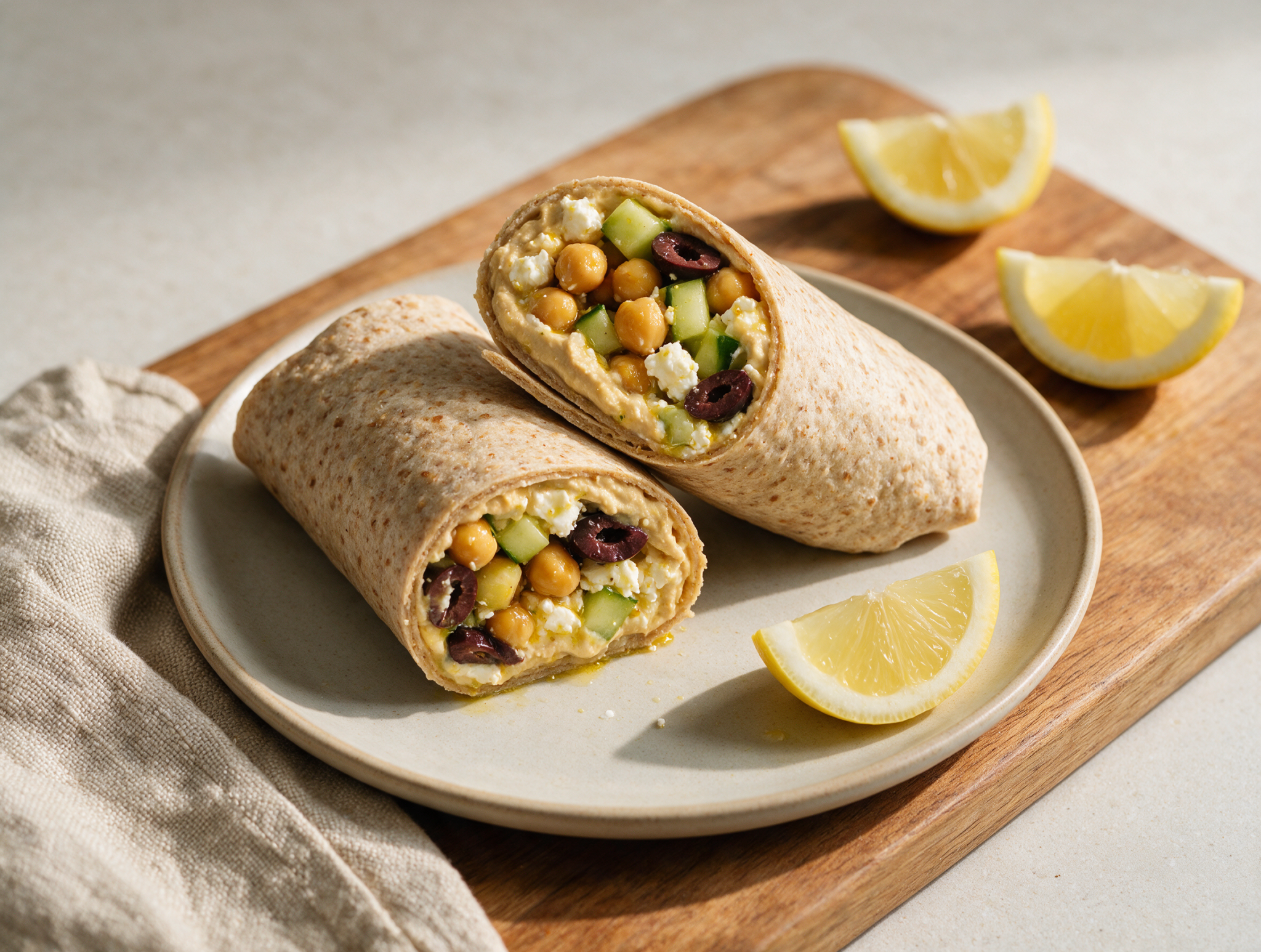 Two halved spelt Mediterranean chickpea wraps stacked on a wooden board with feta and olives spilling out