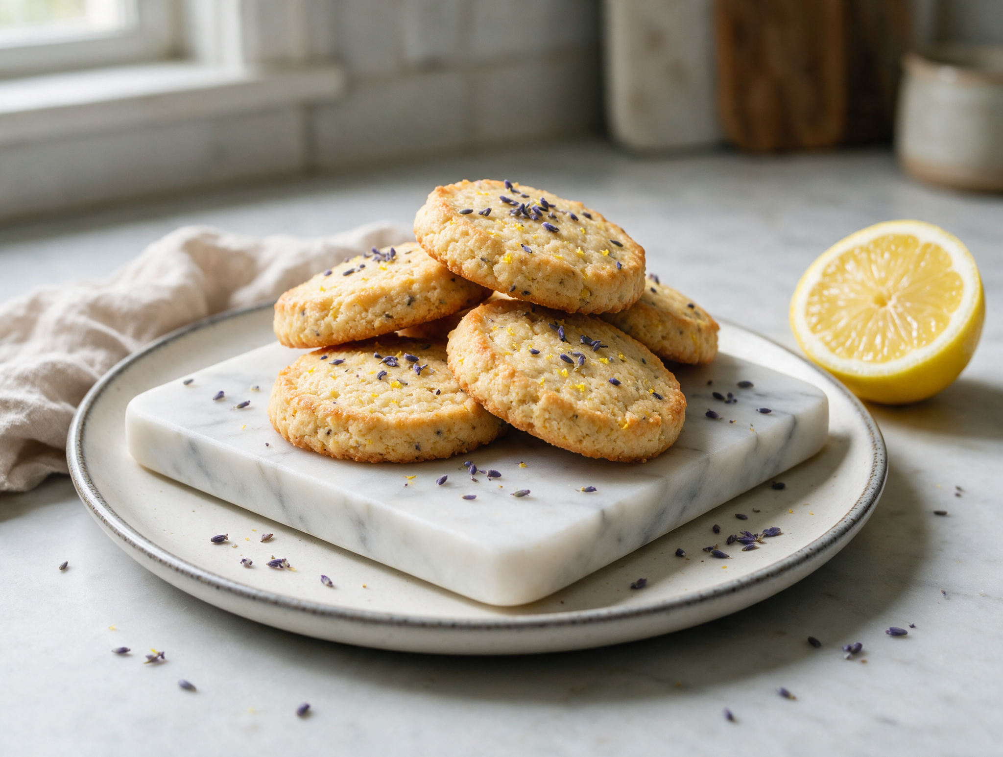 Stacked golden spelt lemon lavender tea biscuits on a marble board with lavender buds and a lemon wedge.