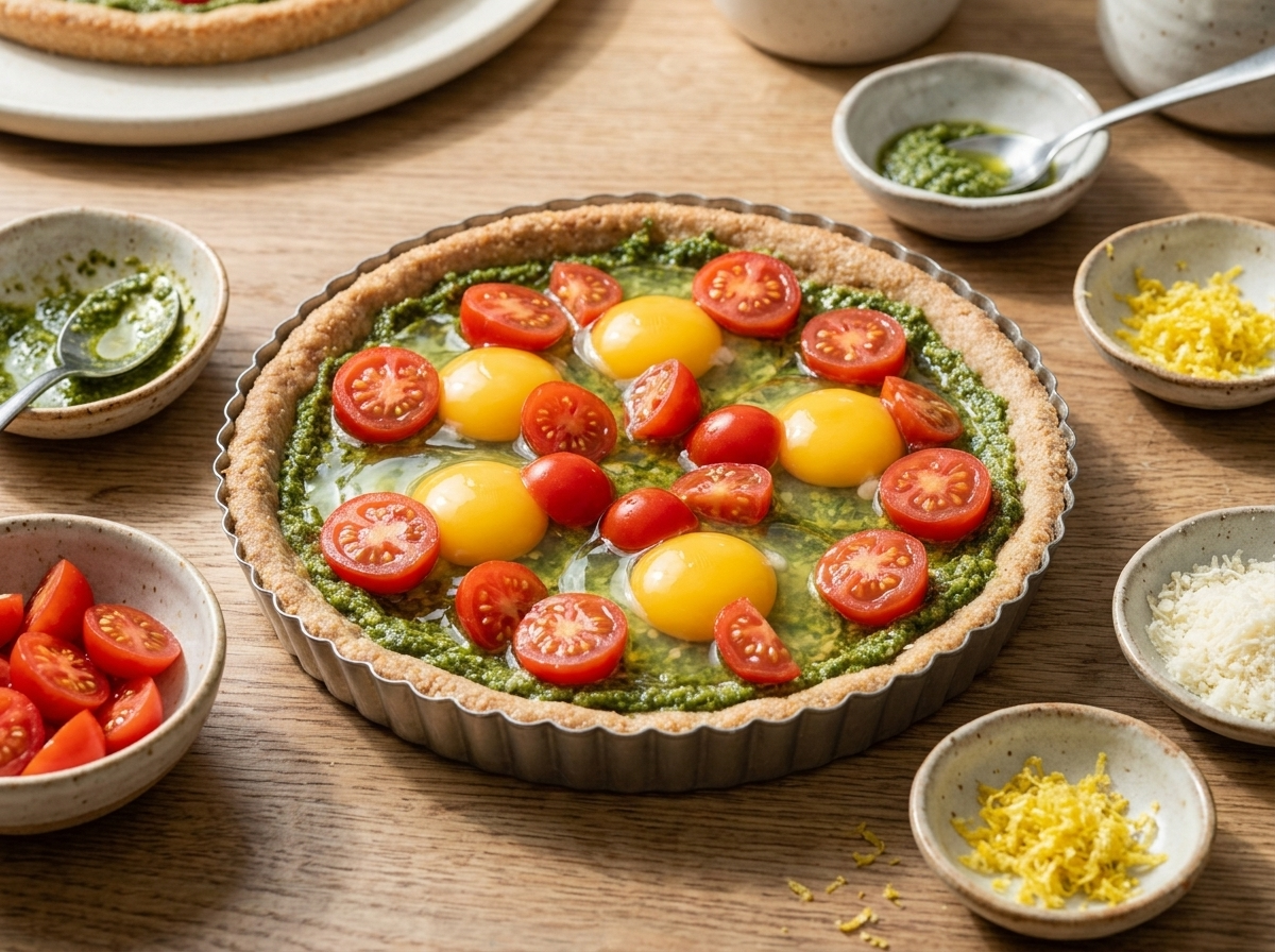 Raw eggs cracked over basil pesto and halved cherry tomatoes inside an unbaked spelt tart shell before the oven