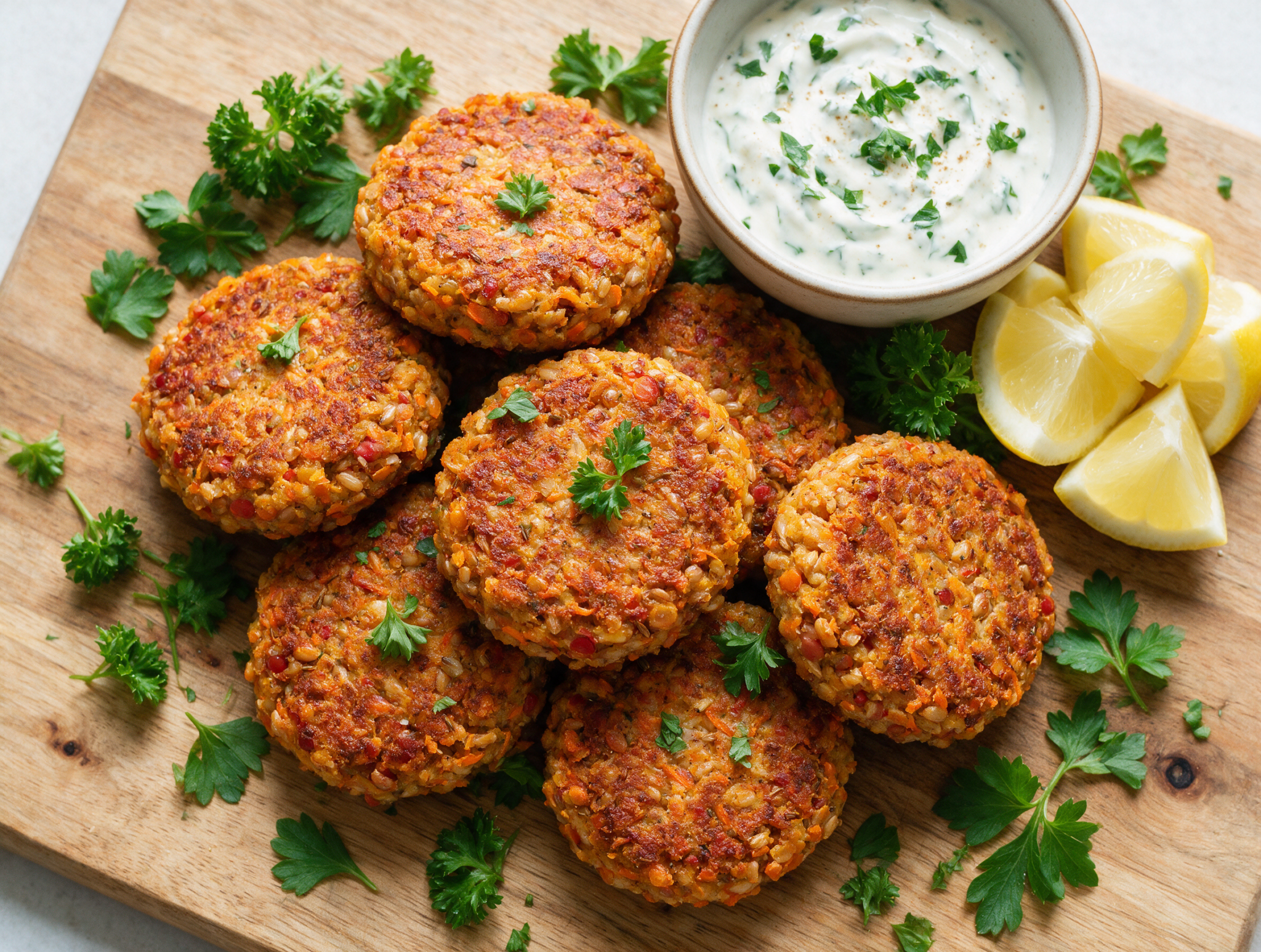 Overhead view of golden spelt carrot lentil patties stacked on a wooden board with yogurt sauce and lemon wedges.