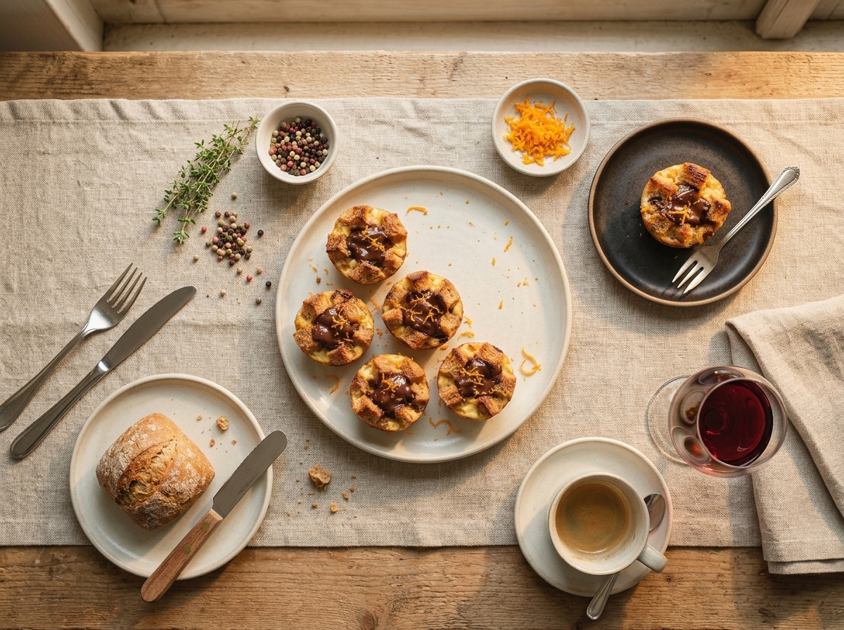 A warm bread pudding cup on a small plate beside coffee, orange peel curls, and a folded linen napkin.