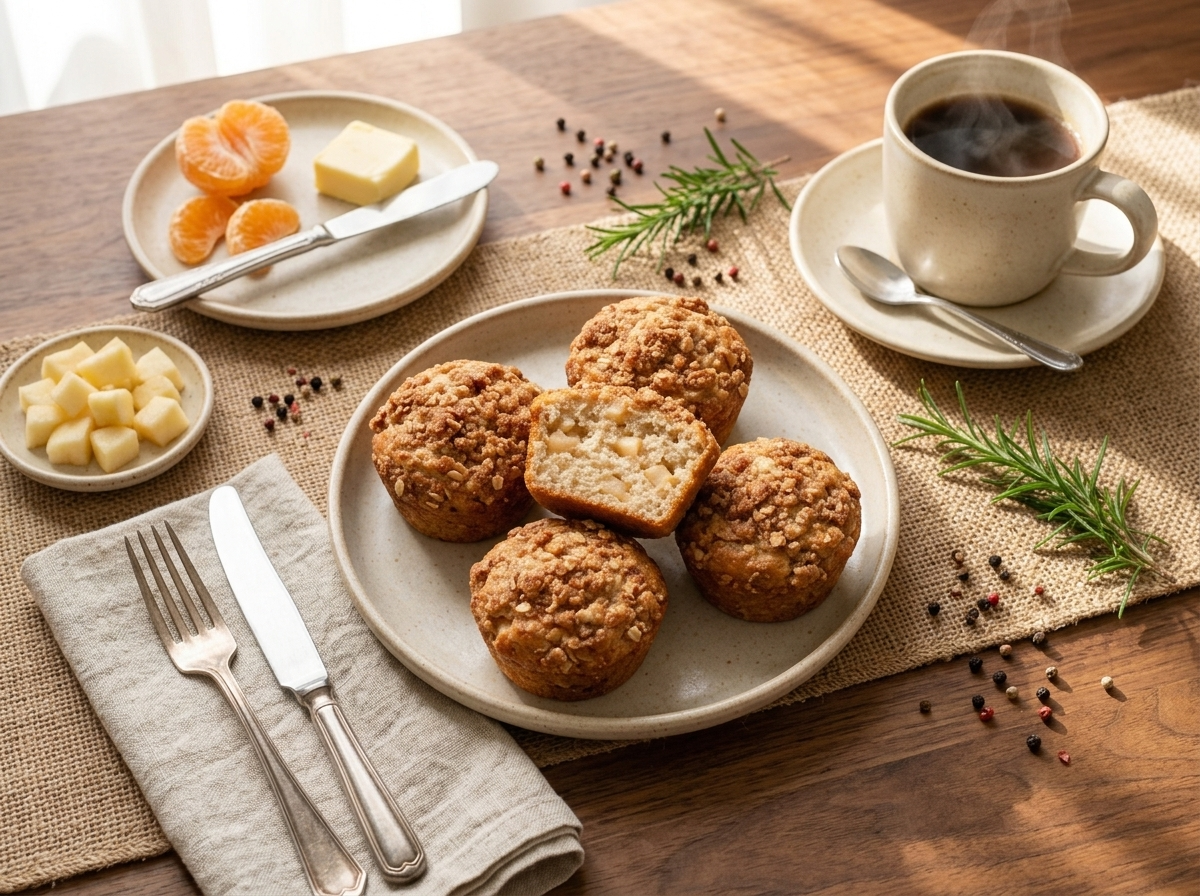 A muffin broken open on a breakfast table beside a coffee mug and linen napkin, apple filling visible