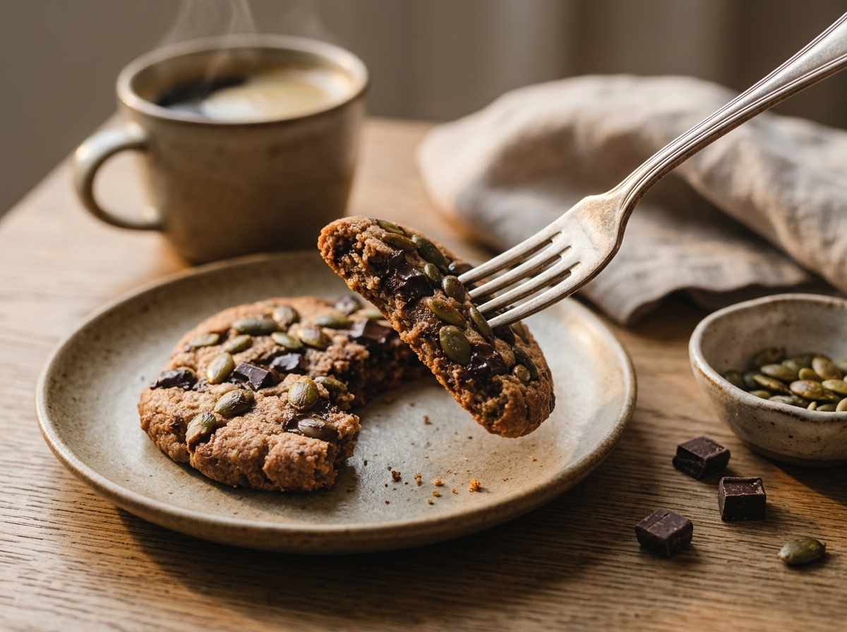 Someone lifting a warm cookie from a plate beside a mug of coffee on a wooden kitchen table.