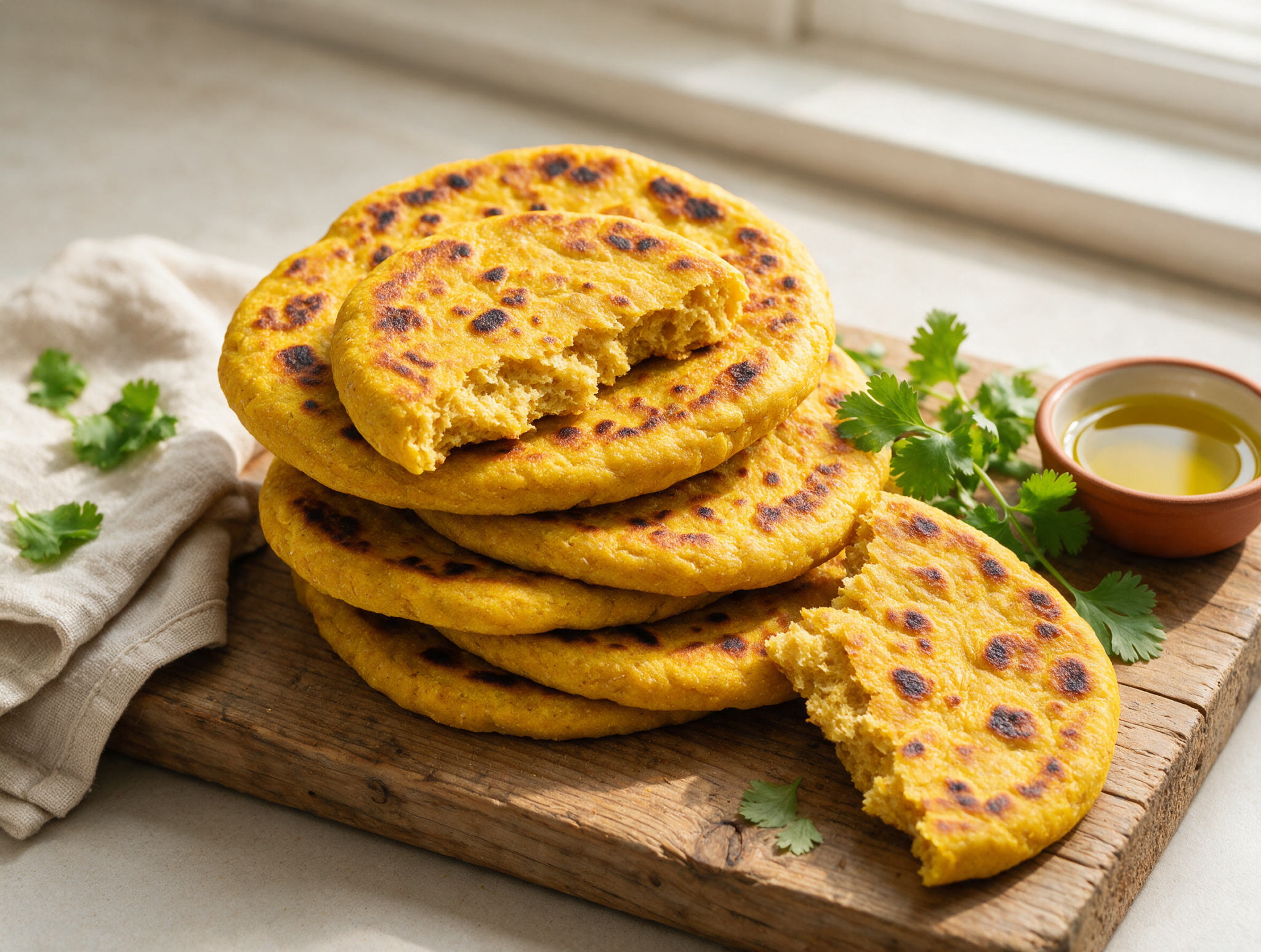 Stack of golden turmeric spelt flatbreads with charred spots, torn open on a wooden board with olive oil drizzle.
