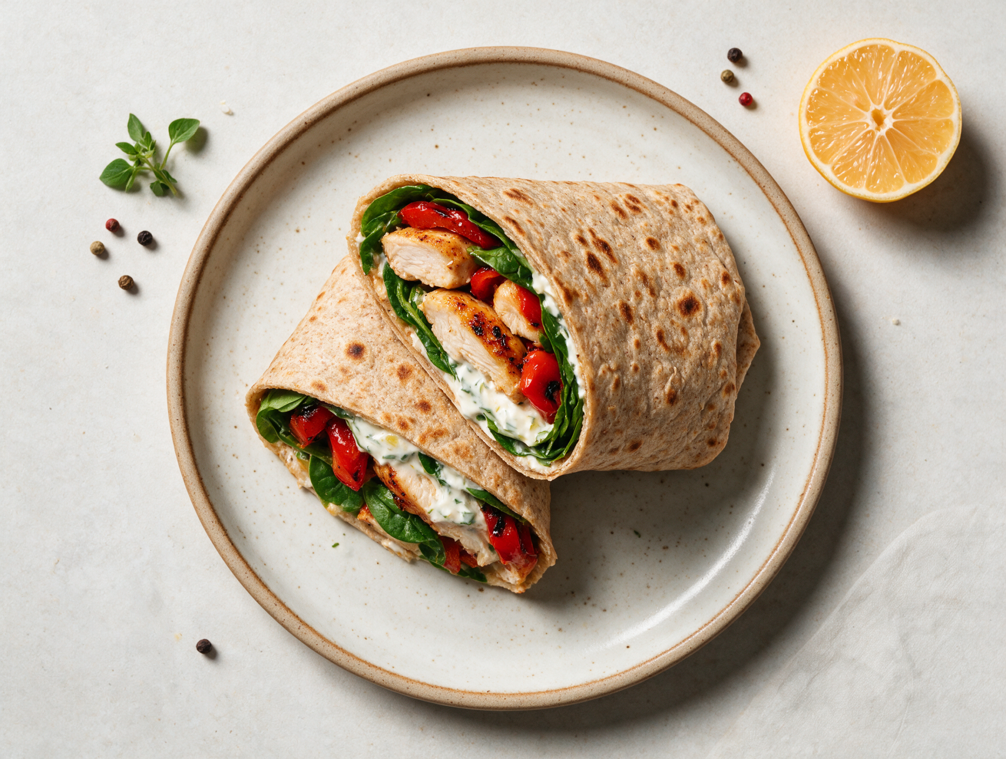 Sliced spelt chicken wrap on a wooden board showing charred peppers, spinach, and yogurt sauce layers.