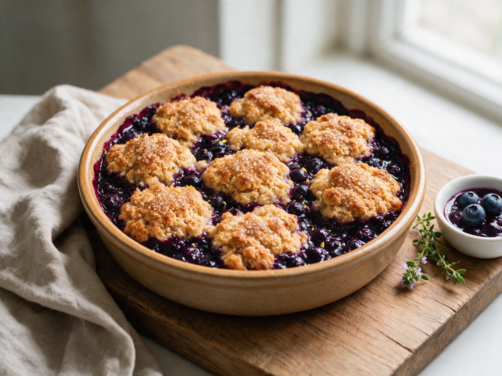 Golden spelt blueberry cobbler in a baking dish, purple filling bubbling through biscuit mounds, on a rustic wood table.