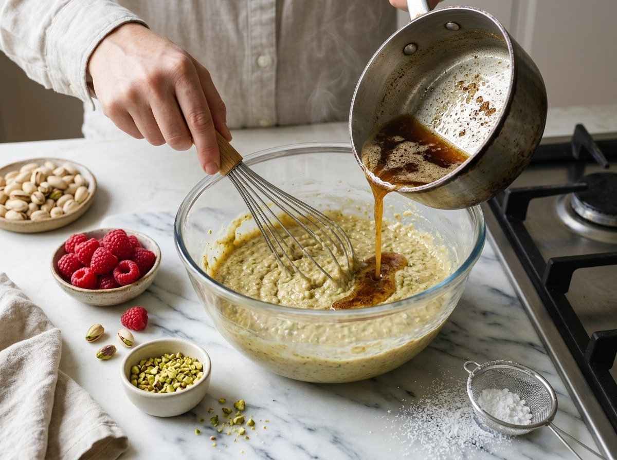 Browned butter being folded into pistachio spelt batter in a glass bowl, raspberries waiting alongside.