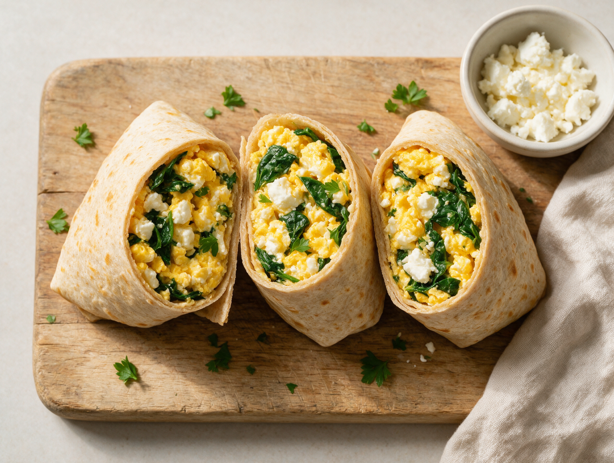 Spelt feta spinach breakfast wraps sliced in half on a wooden board, egg and feta filling visible, soft morning light