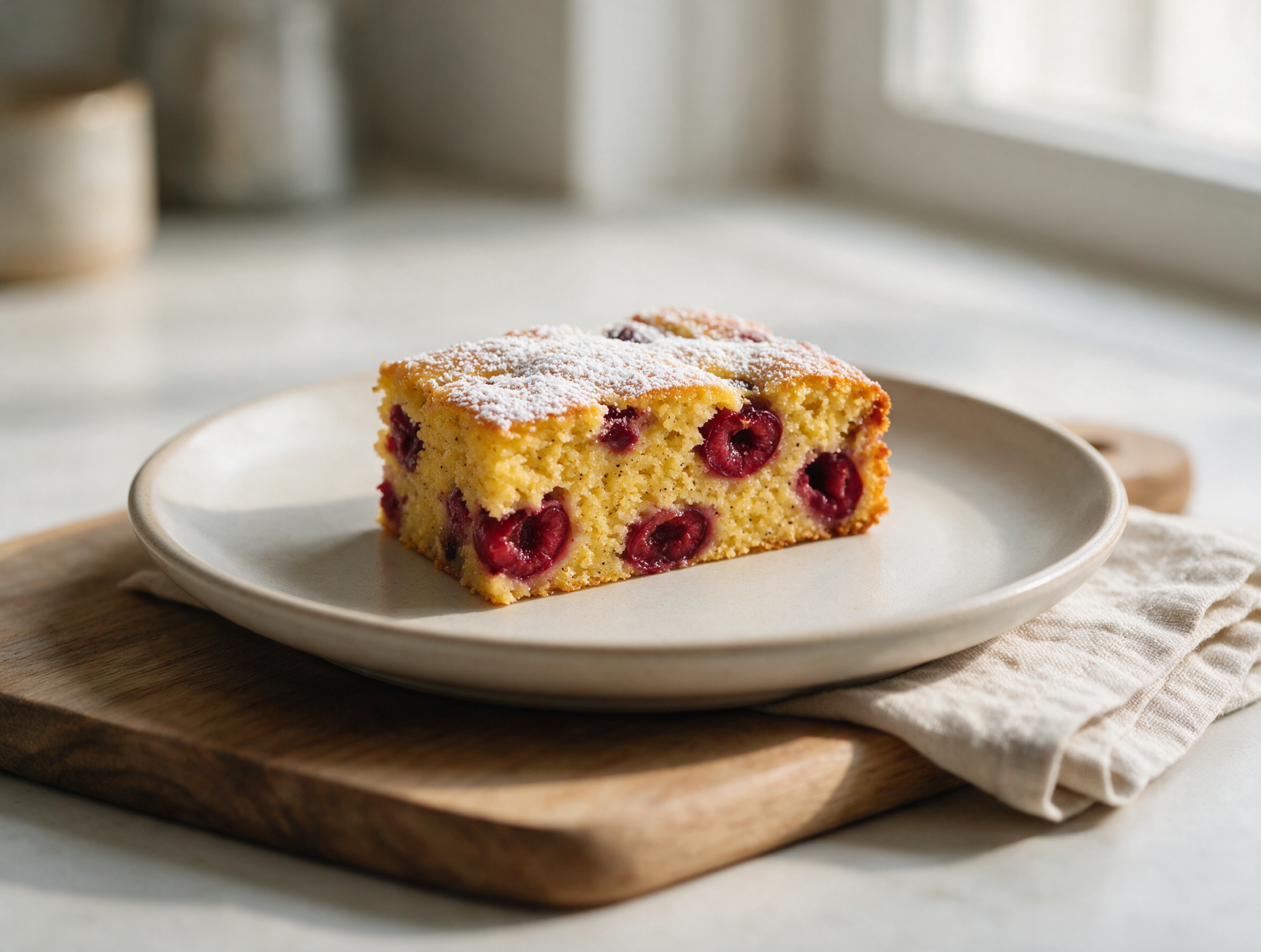 Sliced spelt cherry vanilla breakfast cake on a wooden board showing juicy cherry halves in a golden crumb, dusted with powdered sugar