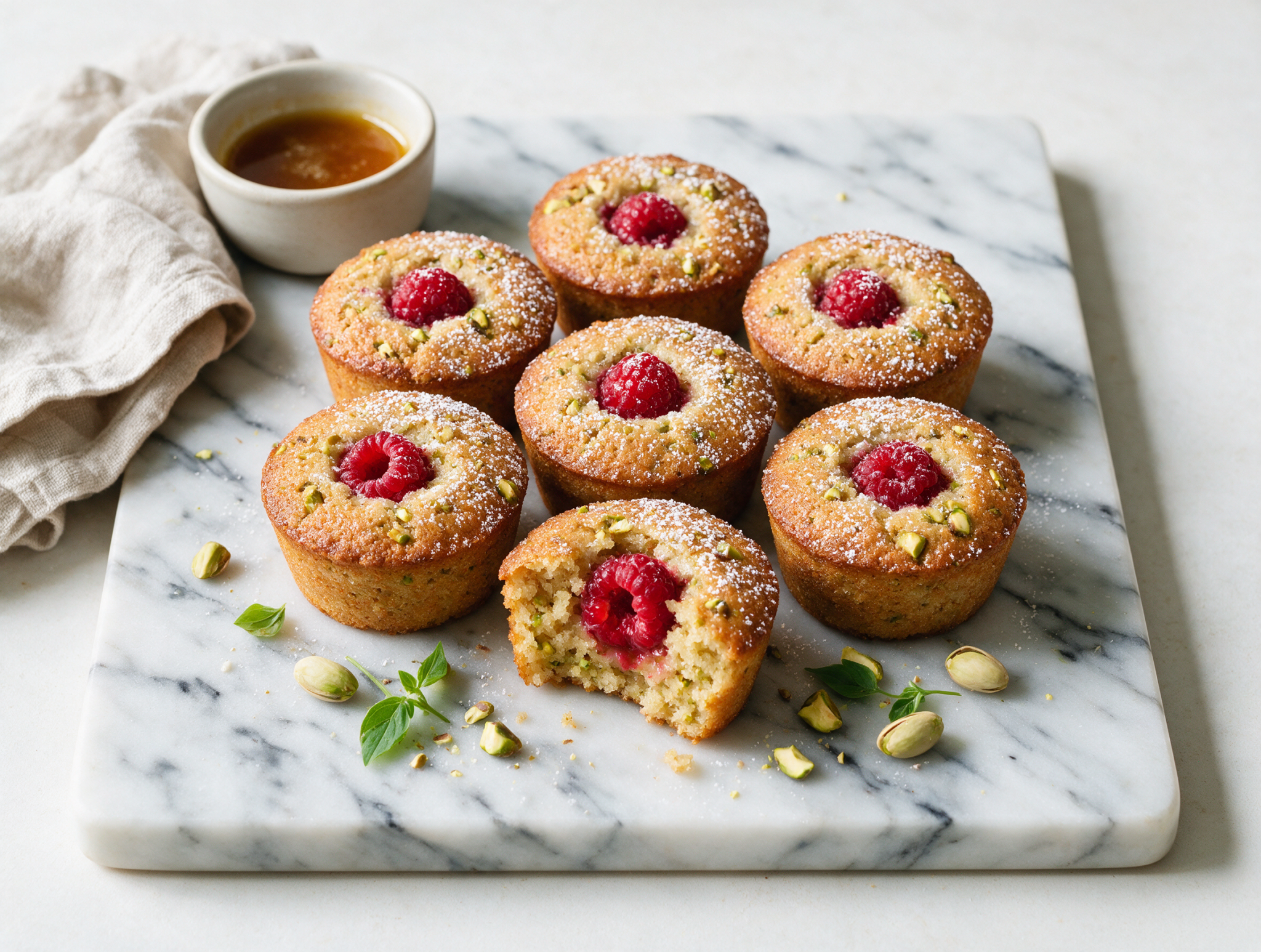 Golden spelt raspberry pistachio friands dusted with icing sugar, one split open on a marble board.