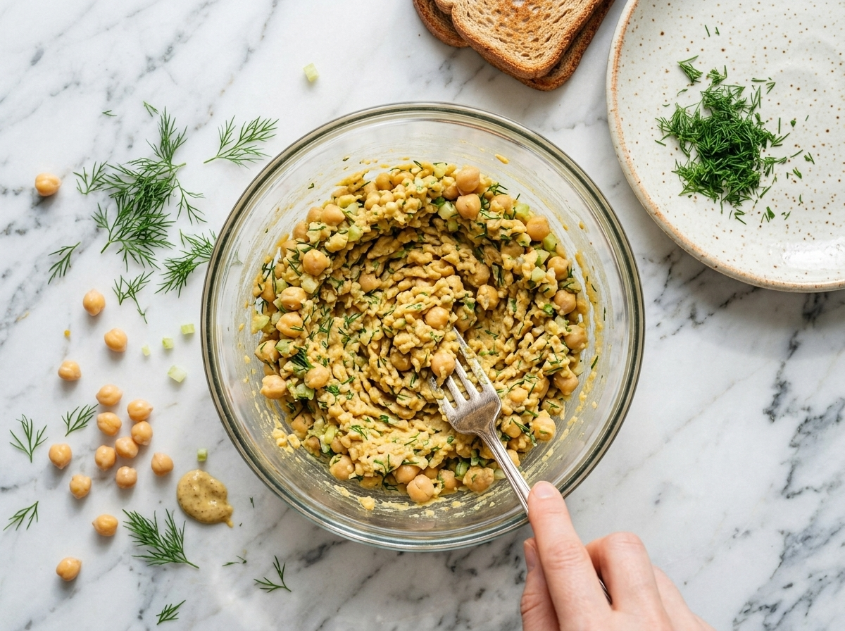 Hands mashing chickpeas with a fork in a glass bowl alongside mustard, celery and mayo before mixing