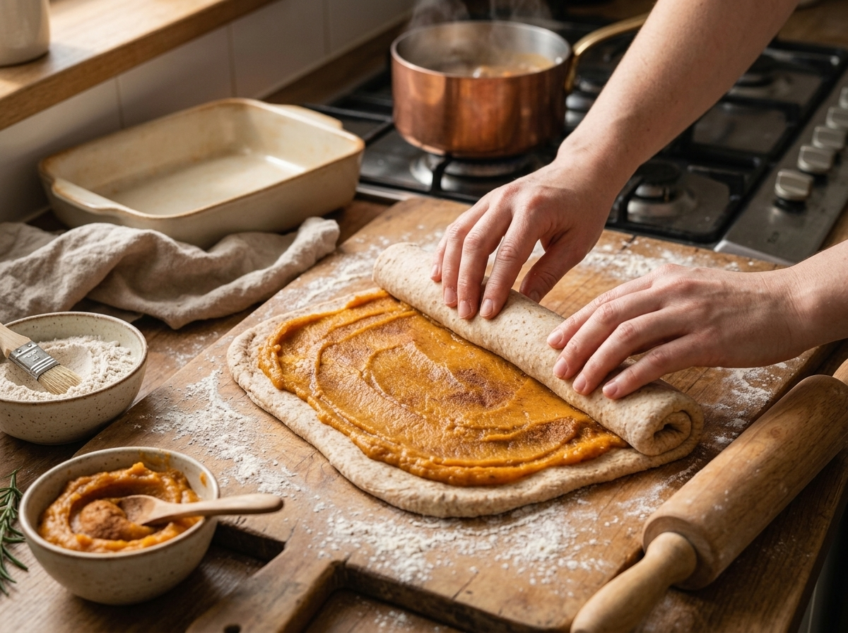 Hands rolling cinnamon-sugar dough into a tight log on a floured wooden board before slicing into rolls.