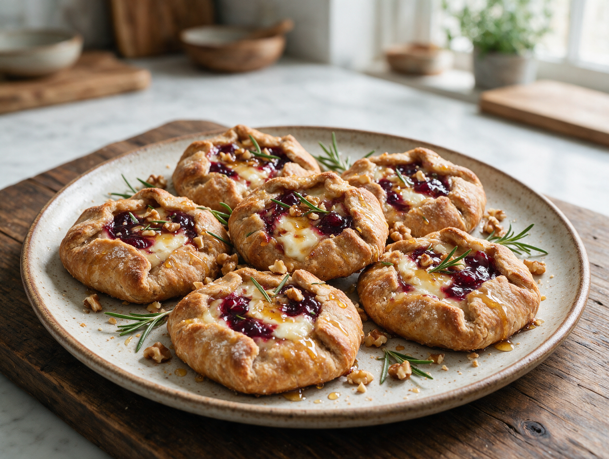Golden mini galettes with melted brie and cranberry filling arranged on a dark wooden board, steam rising gently.