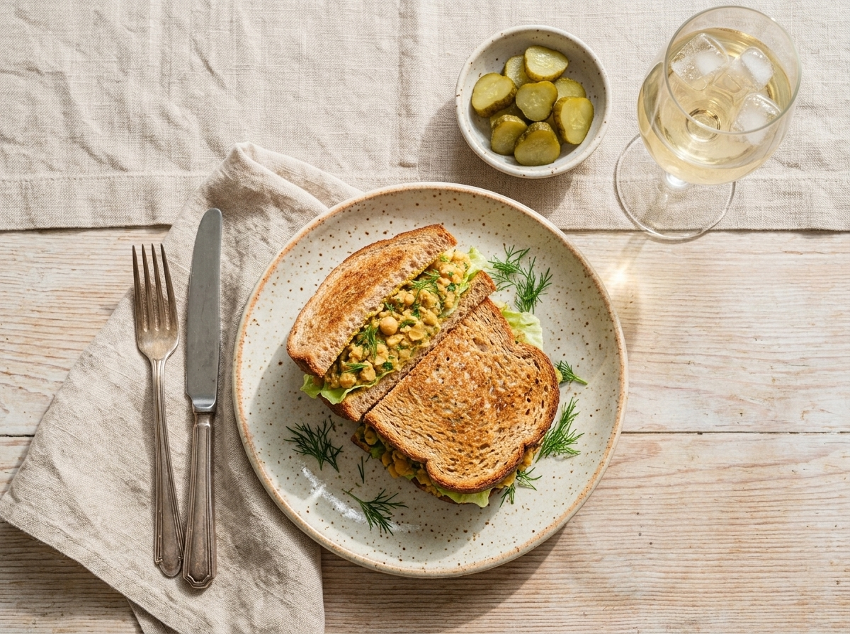 A plated chickpea sandwich on a linen napkin next to iced tea and a small bowl of pickles at lunchtime