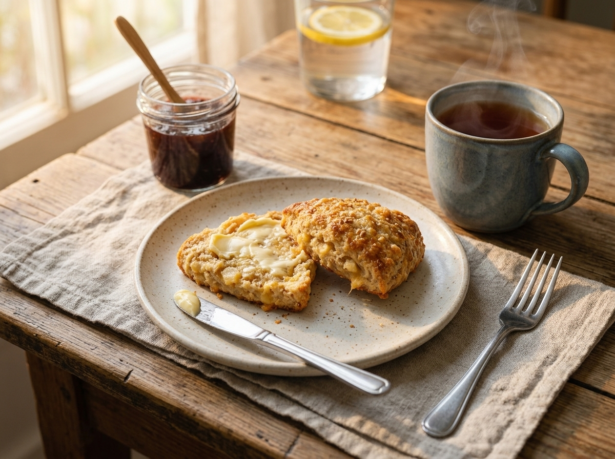 A linen-lined table with a split warm scone spread with butter next to a steaming mug of tea in morning light.