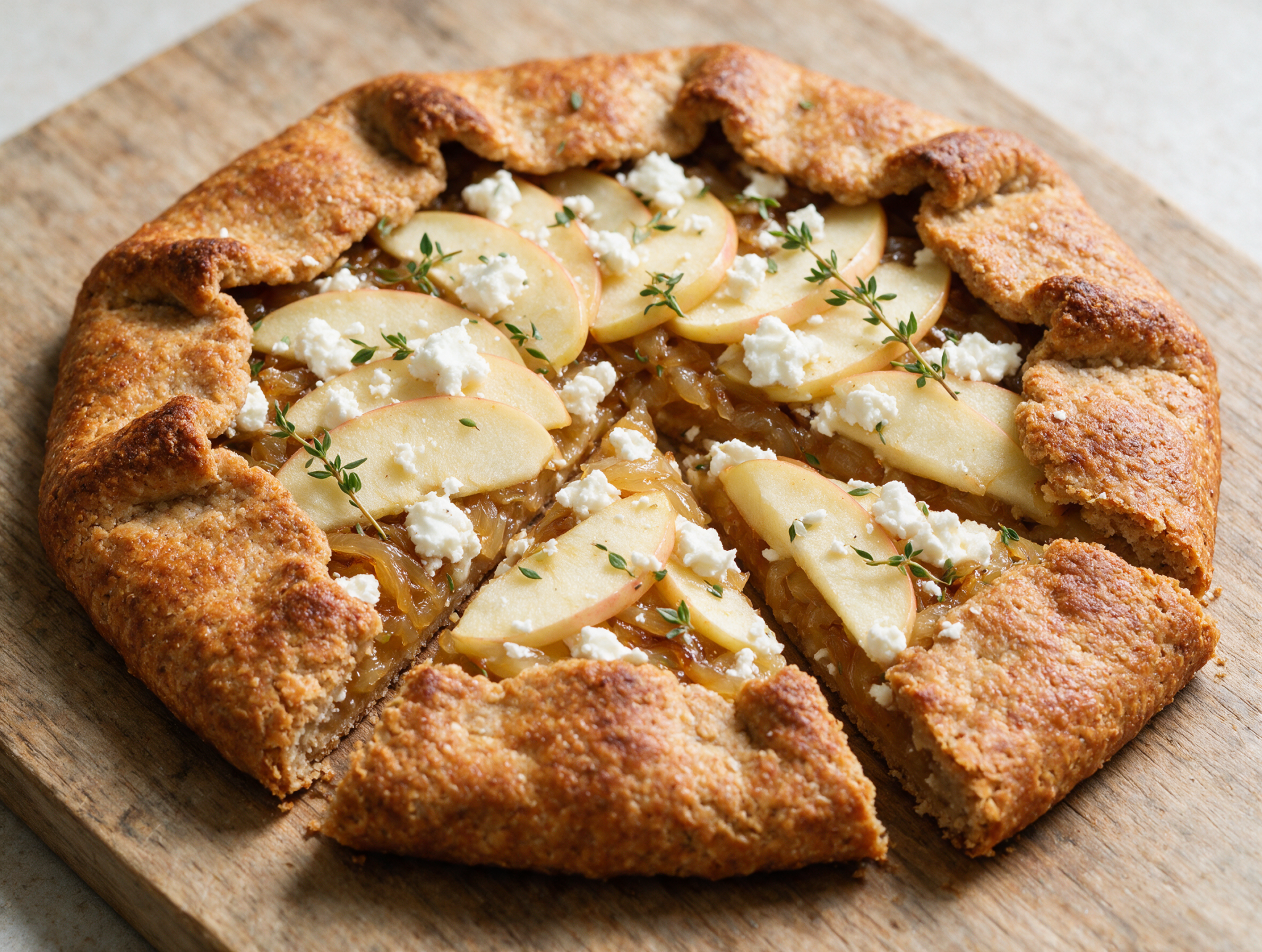 Overhead view of a sliced spelt galette with caramelised onions, apple slices, and goat cheese on a rustic wooden board