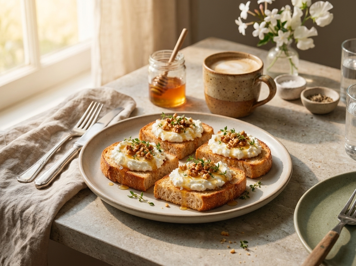 A woman's hands reaching for a slice of ricotta honey toast on a linen napkin beside a cup of coffee.