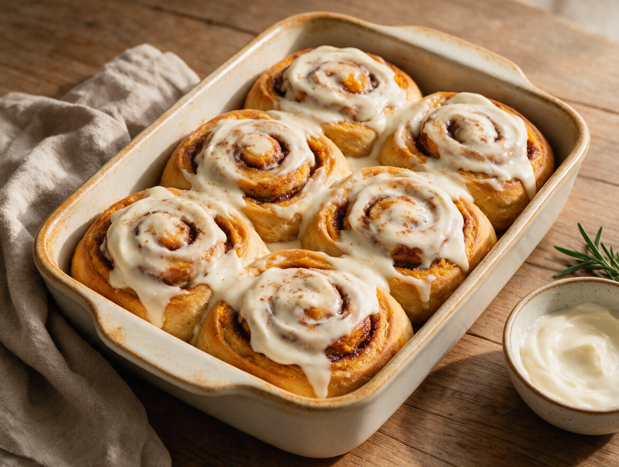 Overhead shot of glazed spelt sweet potato cinnamon rolls in a baking dish, cream cheese glaze dripping between the swirls.