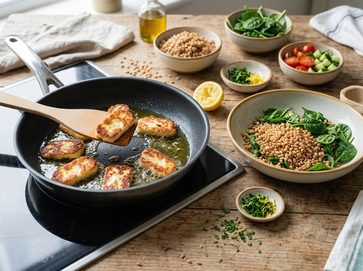 Golden halloumi slices sizzling in a nonstick skillet with visible crisp edges and steam rising above the pan