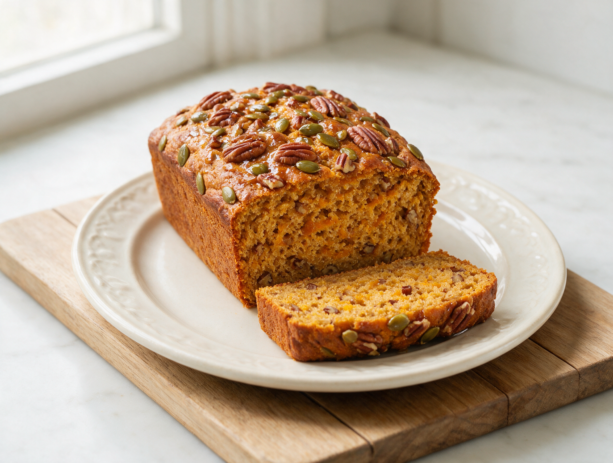 Sliced spelt maple pumpkin breakfast loaf on a wooden board with pecans and pumpkin seeds visible on the crust.