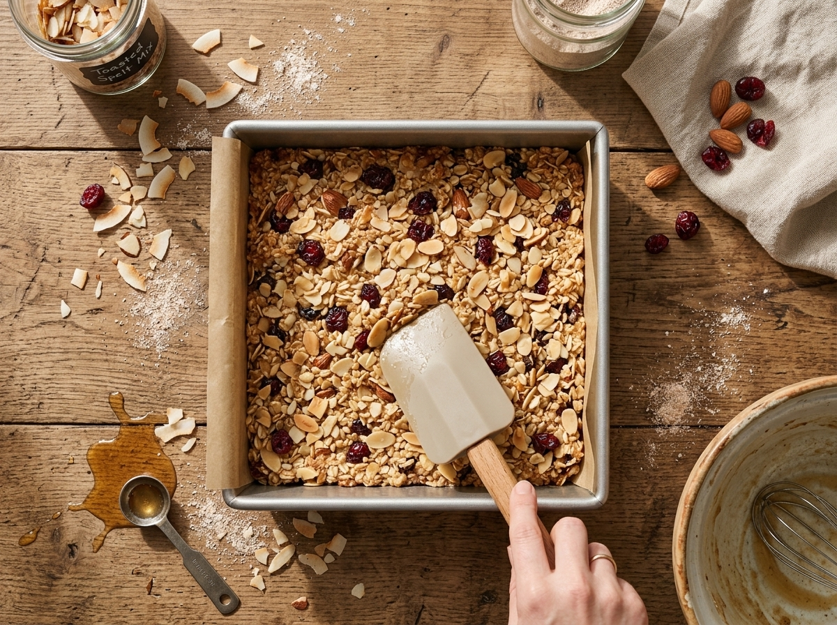 Hands pressing spelt oat coconut almond batter into a parchment-lined square pan before baking