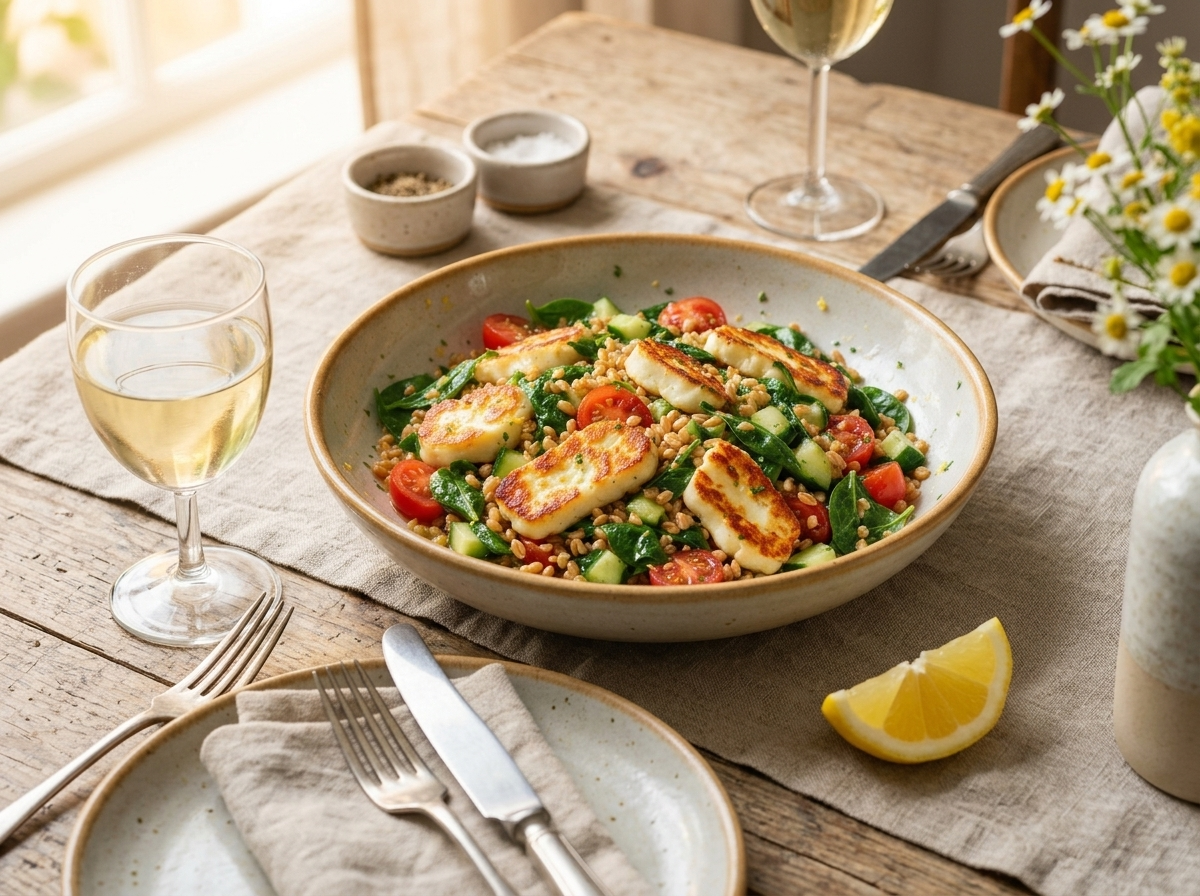 Two hands holding a wooden bowl of halloumi spelt salad at a sunlit kitchen table with a lemon wedge nearby