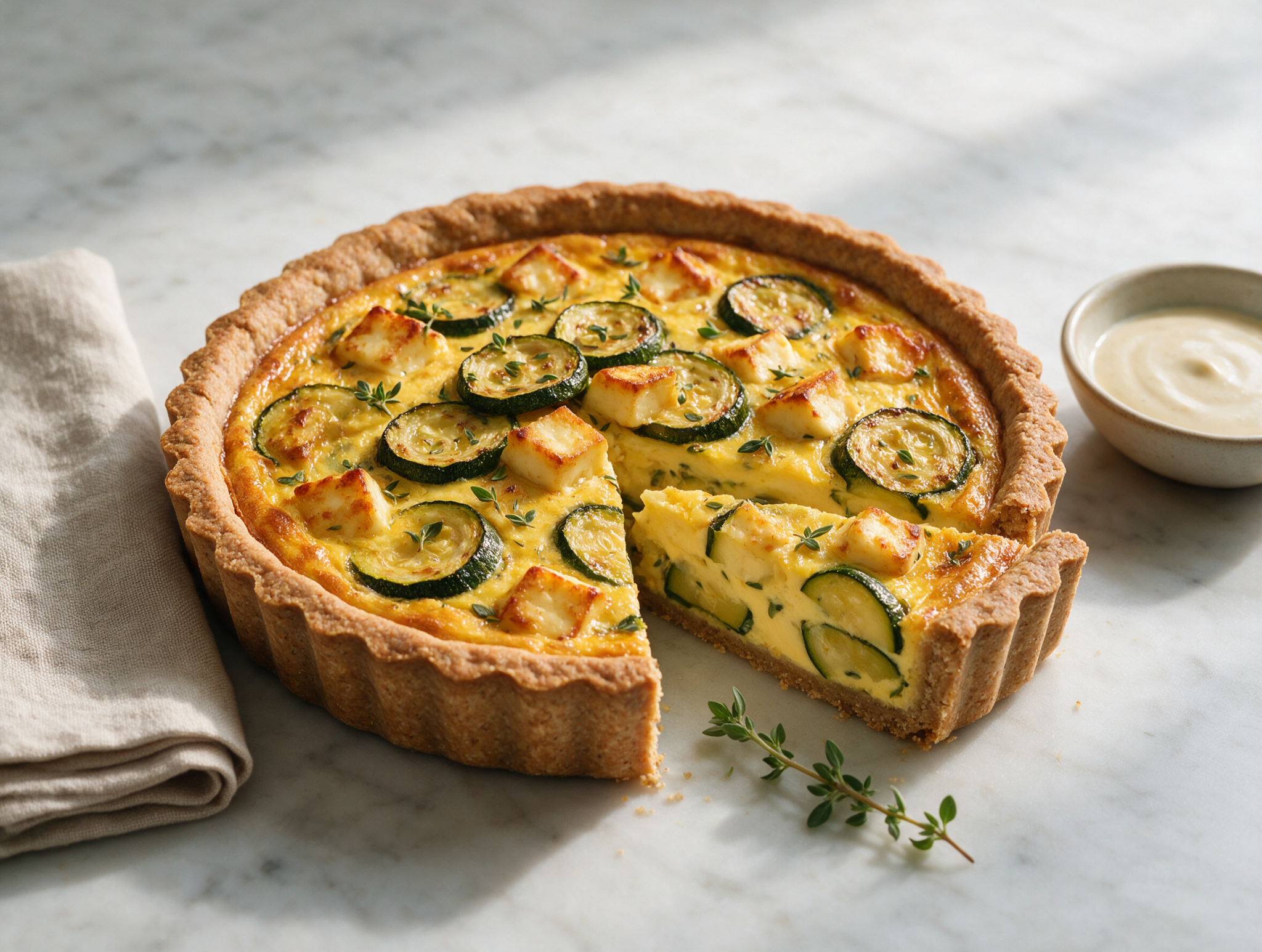 Golden spelt tart sliced open on a marble board, showing roasted courgette rounds and cubes of halloumi in a soft custard.
