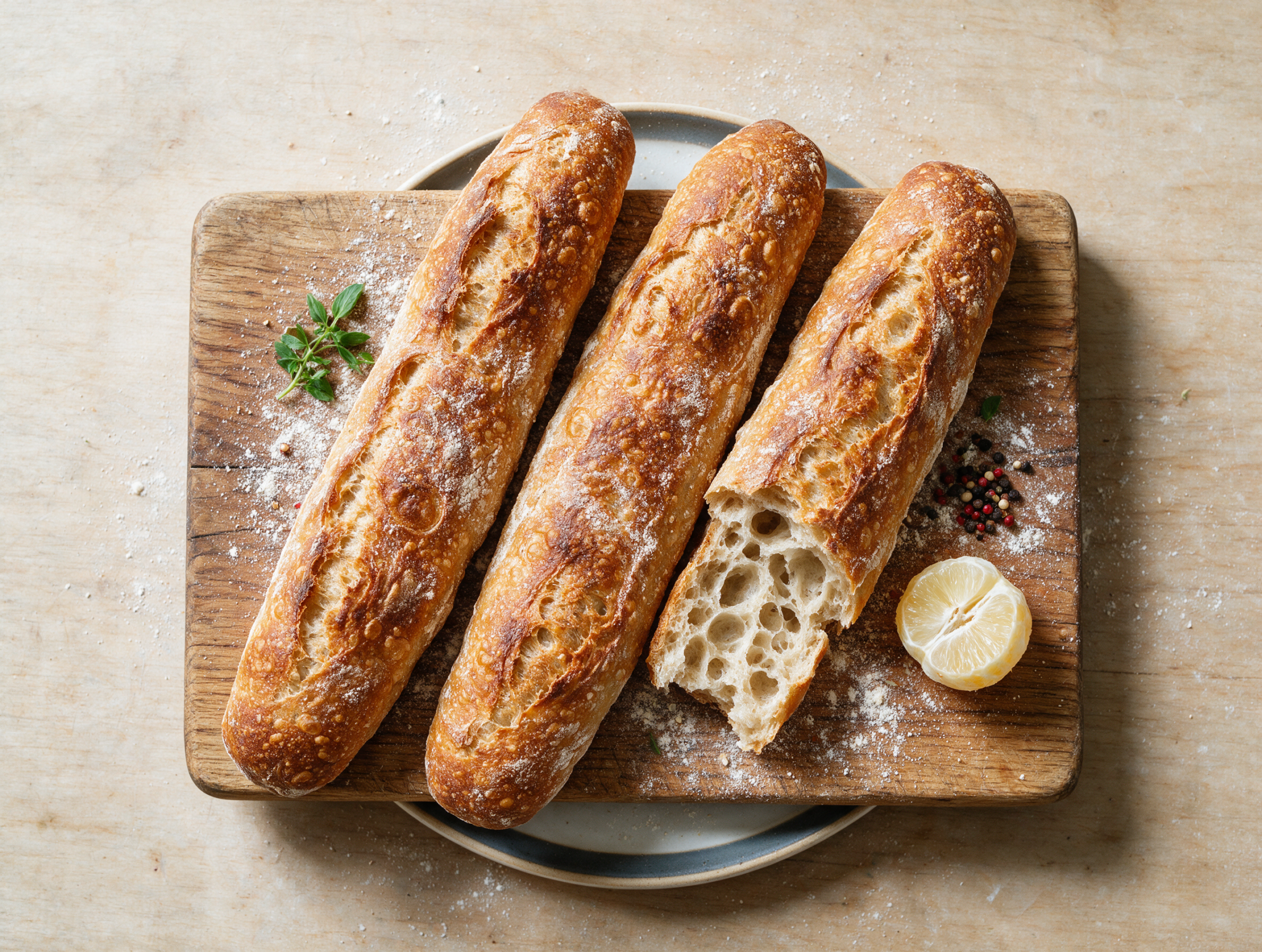 Three golden spelt baguettes with a cracked crust cooling on a wooden board next to a linen cloth and scattered flour
